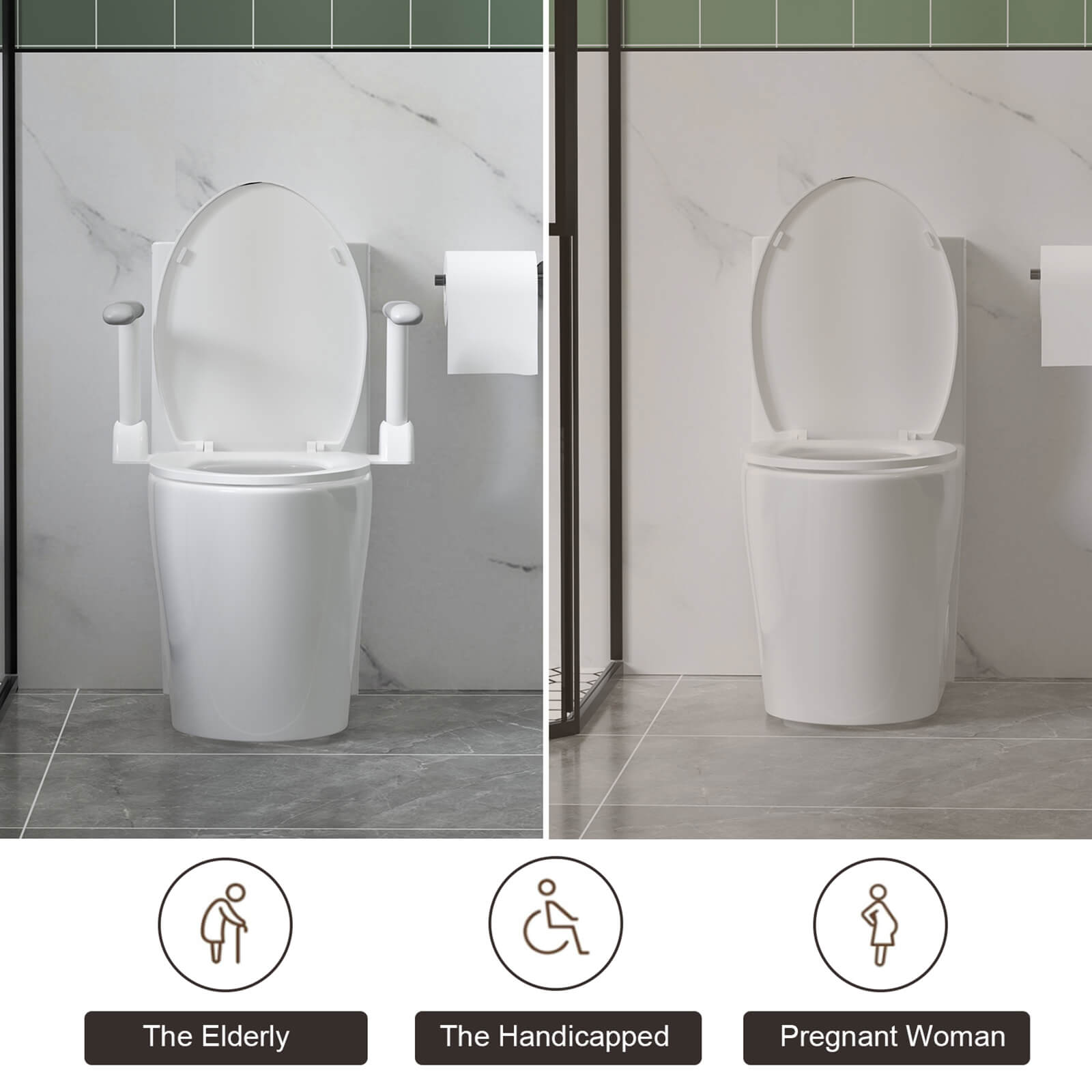 Accessibility bathroom toilet with ergonomic grab bars and sleek base