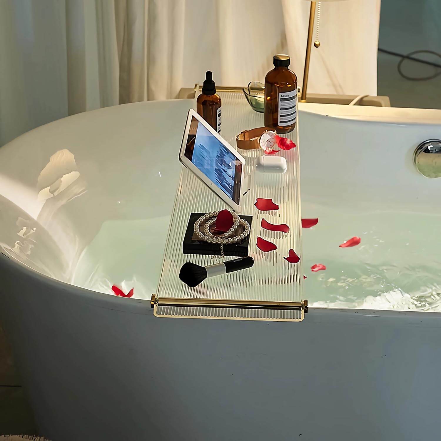 Acrylic_bath_shelf_for_soaking_tub_with_phone_and_book_holder