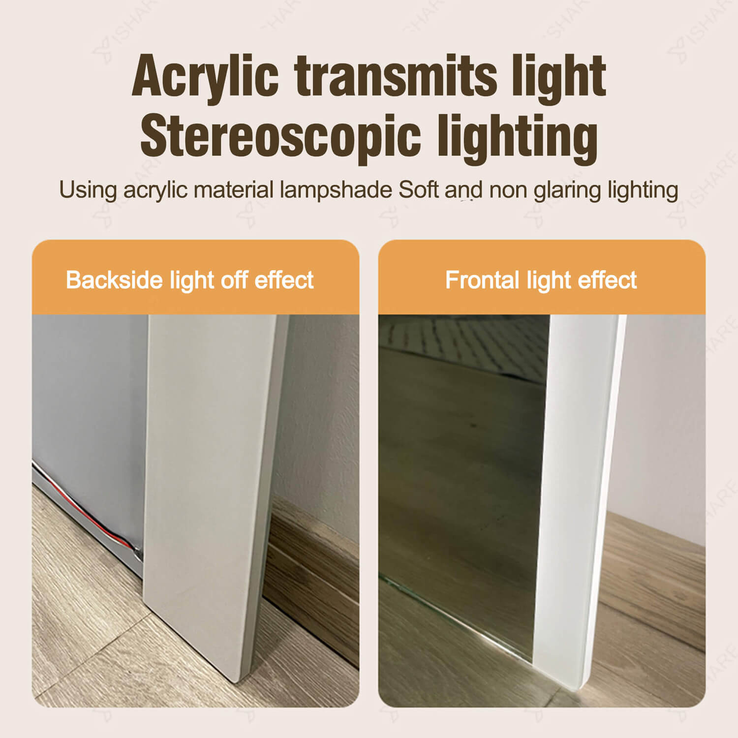 Acrylic lampshade LED mirror back vs front light effect