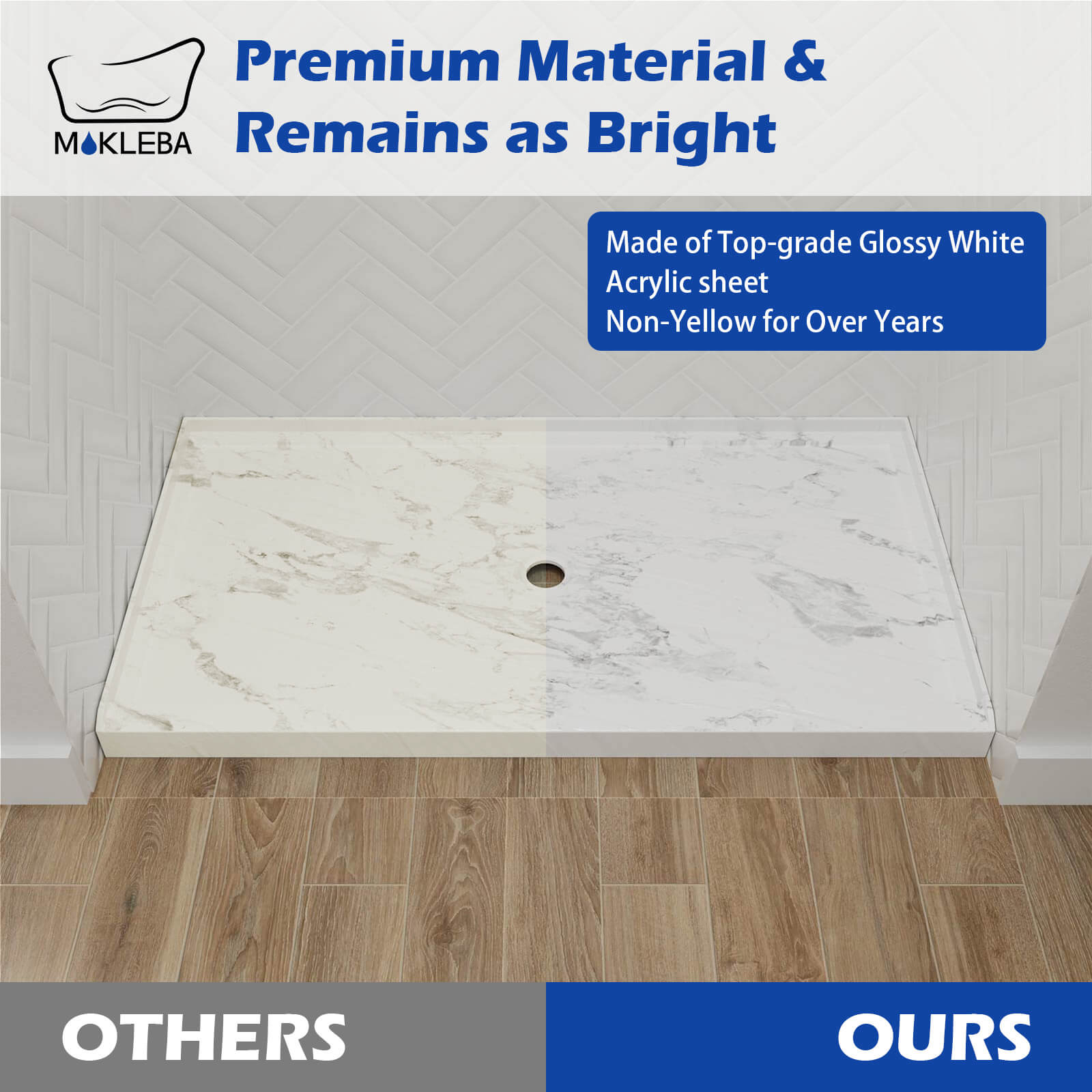 Acrylic shower base with stain-resistant surface for simple cleaning and maintenance