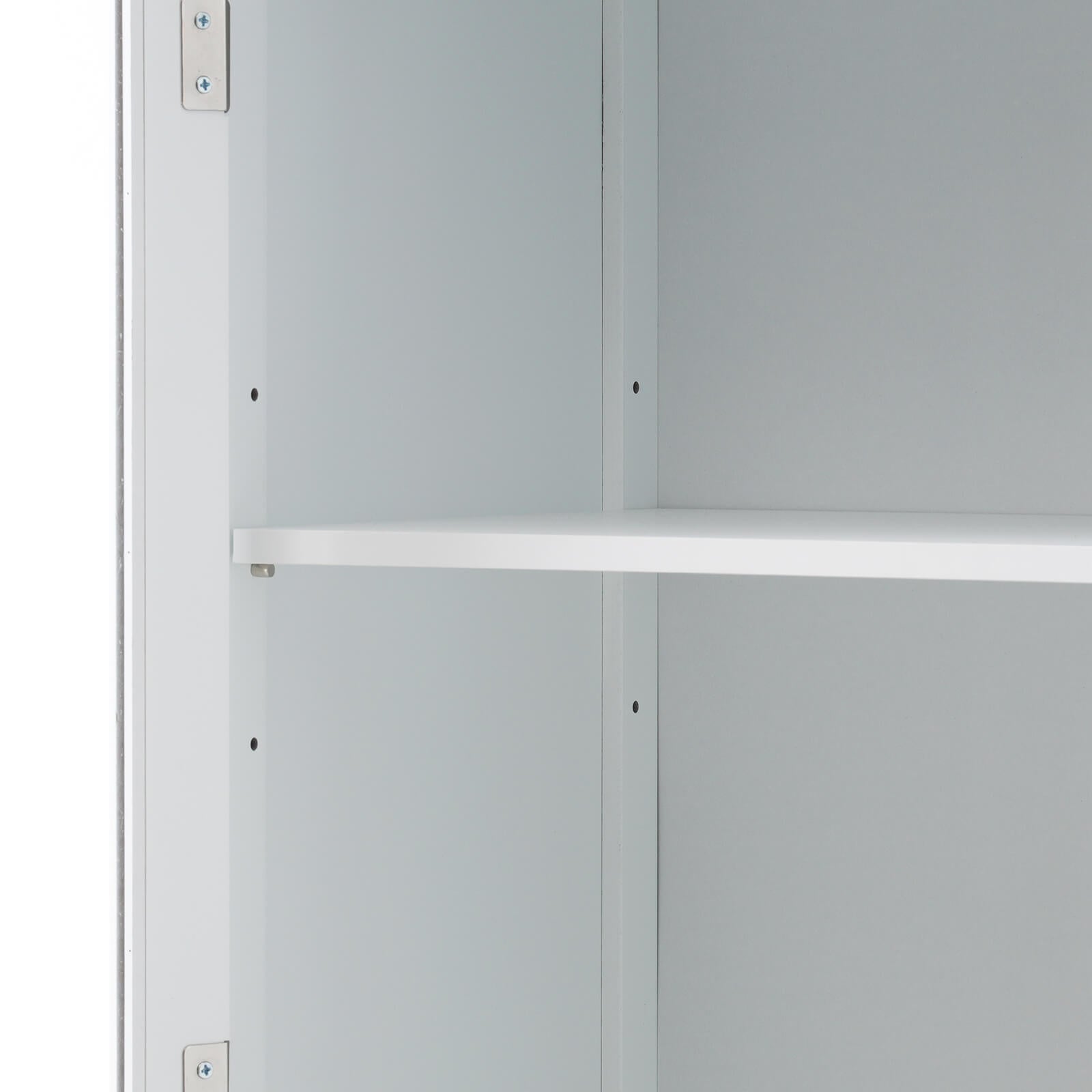Adjustable shelf detail on 63 inch tall white freestanding linen cabinet