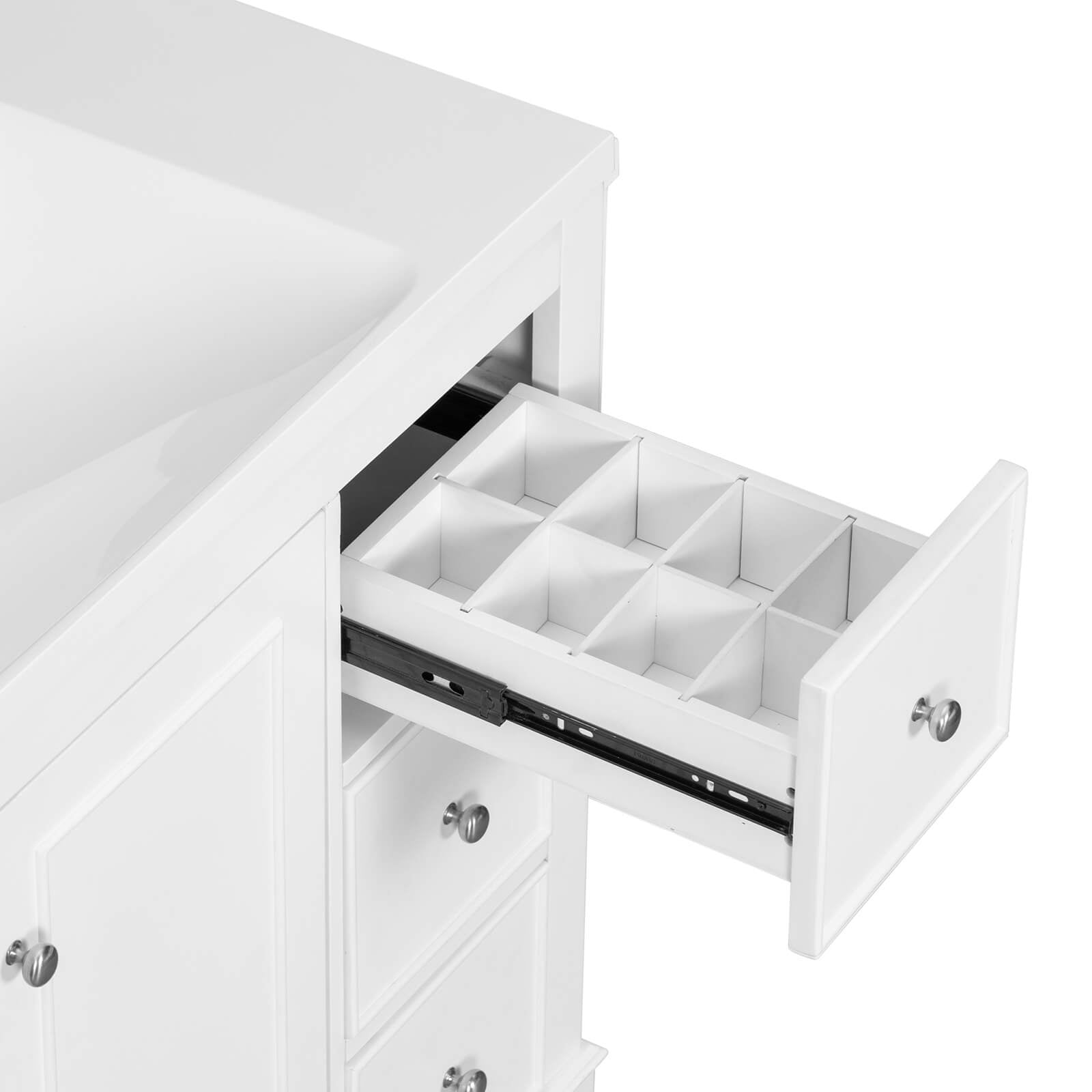 Adjustable shelf inside bathroom vanity cabinet for flexible storage