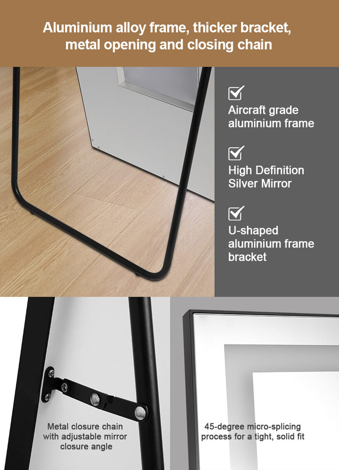 Aircraft grade aluminium frame mirror with U shaped bracket and adjustable metal closure chain