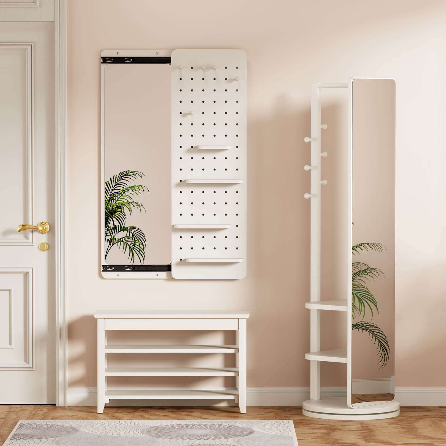 All in one mirror set with pegboard shoe bench and rotating coat rack
