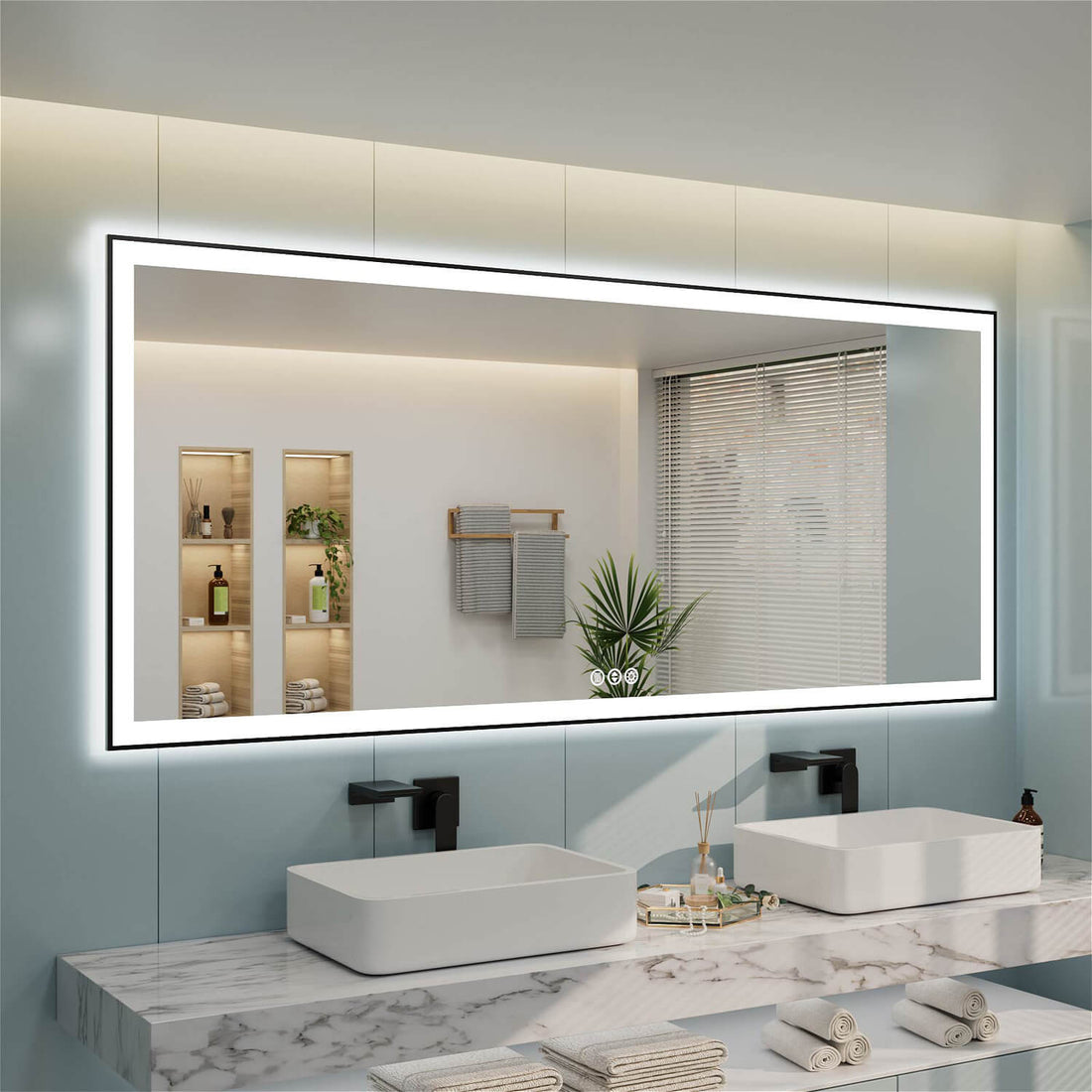 Angled dual sink rectangular LED bathroom mirror with anti-fog function and touch controls