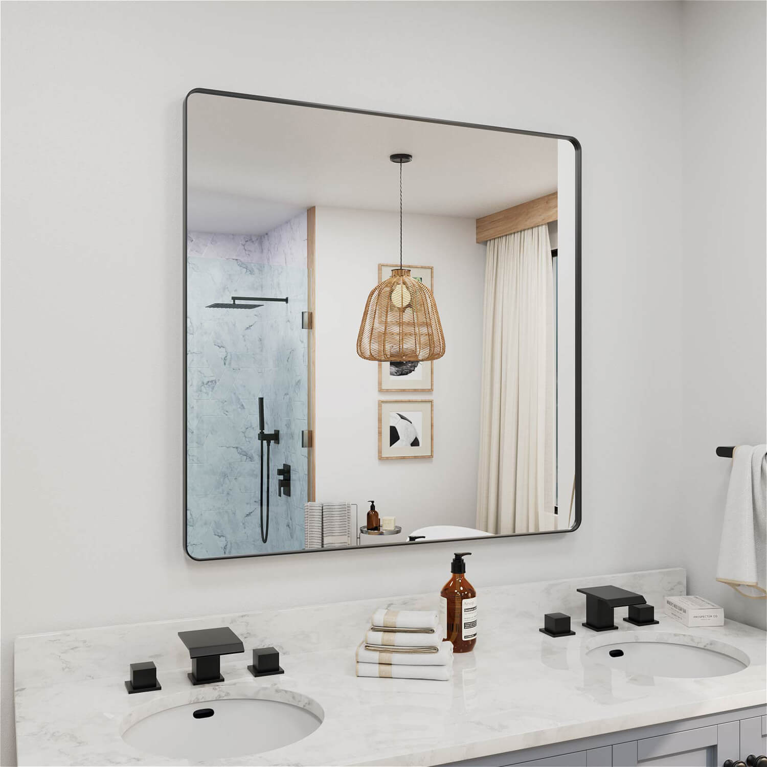 Angled large square black framed bathroom mirror