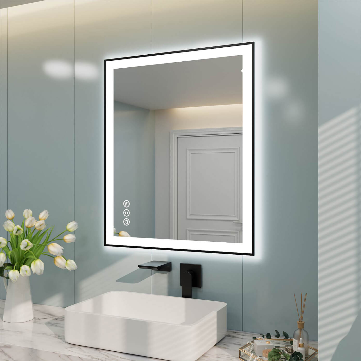 Angled square LED bathroom mirror with bright edge illumination