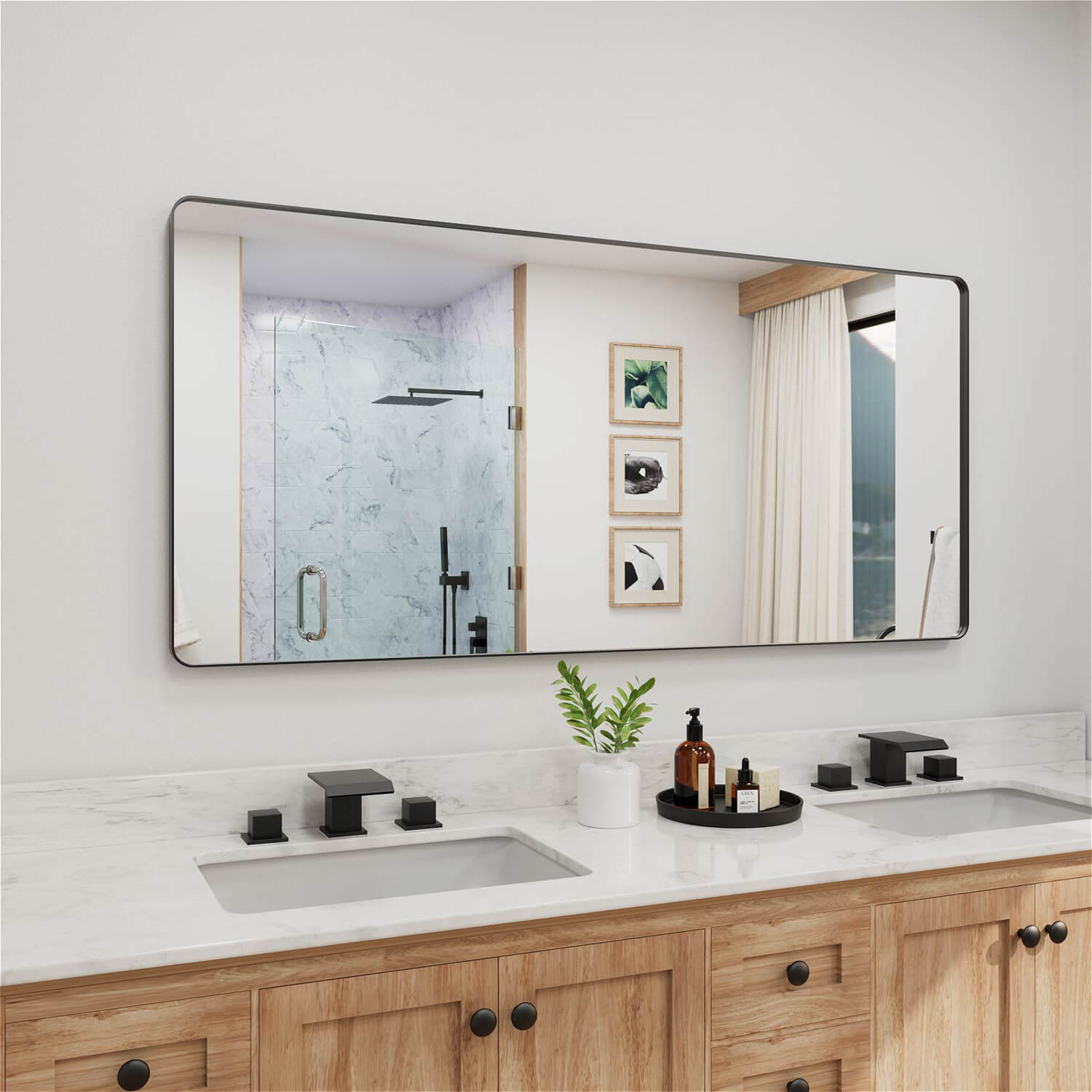 Angled ultra long black framed rectangular bathroom mirror