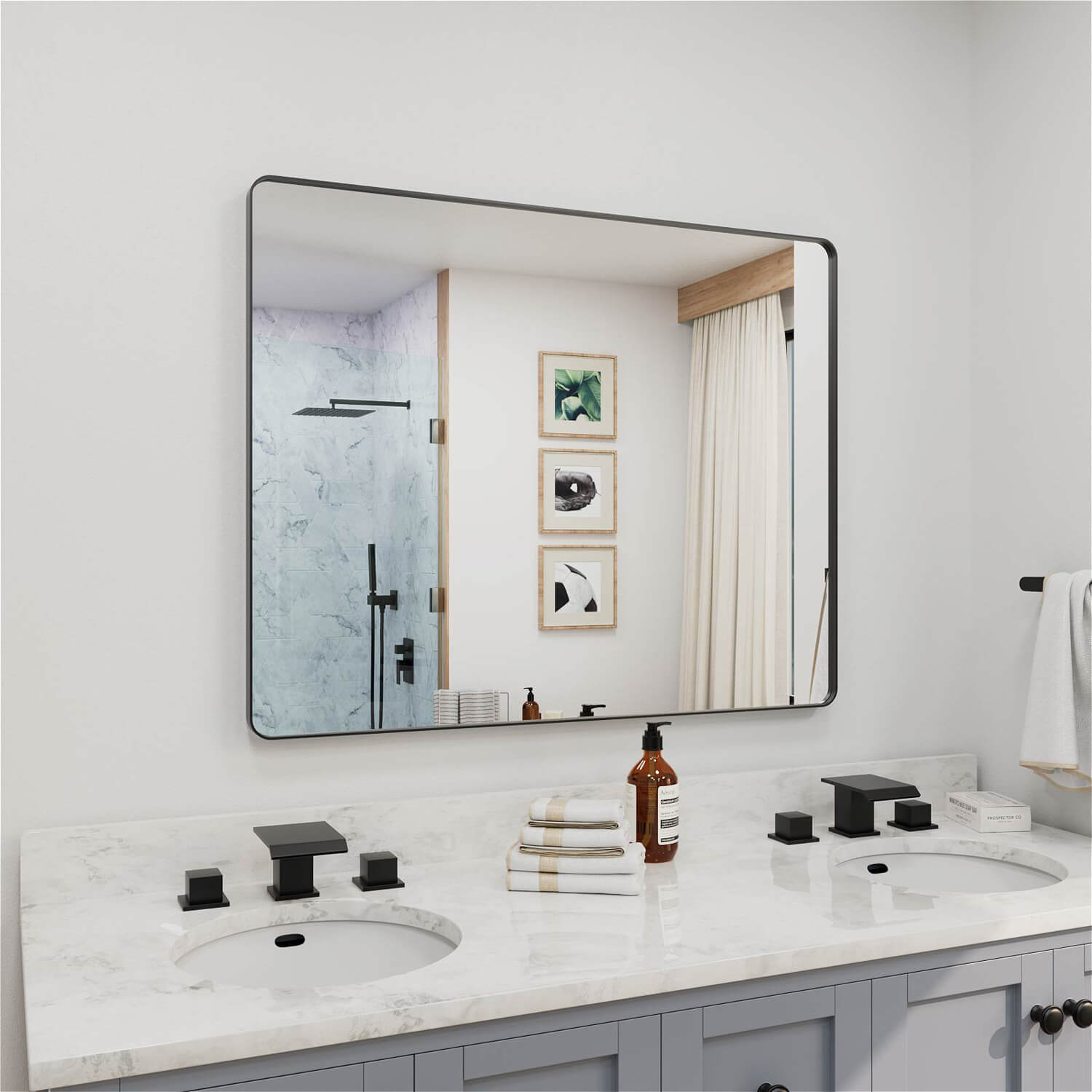 Angled wide rectangular black framed bathroom mirror