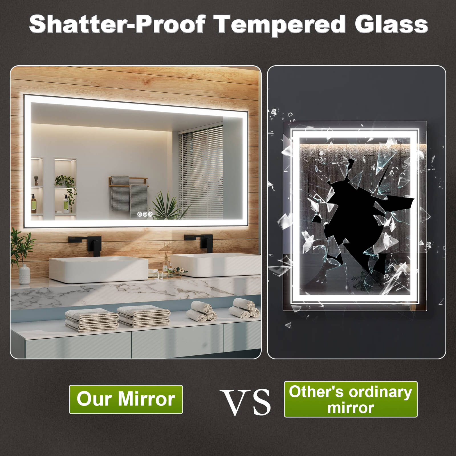 GIVING TREE 40"/48"/55" LED Bathroom Mirror with Black Frame, Anti-Fog, Shatter-Proof, Memory, 3 Colors
