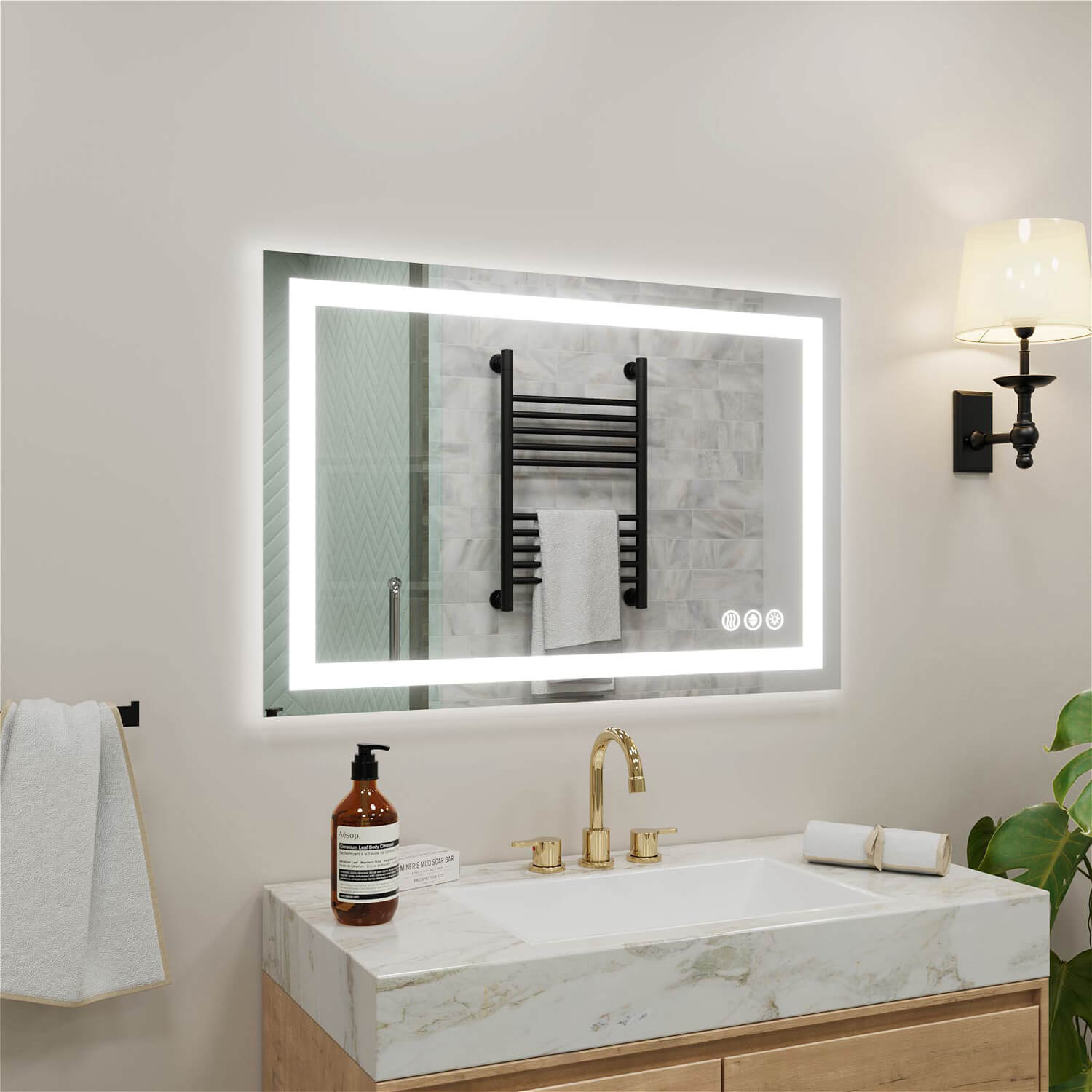 Anti-fog LED bathroom mirror with seamless edge lighting and touch control buttons