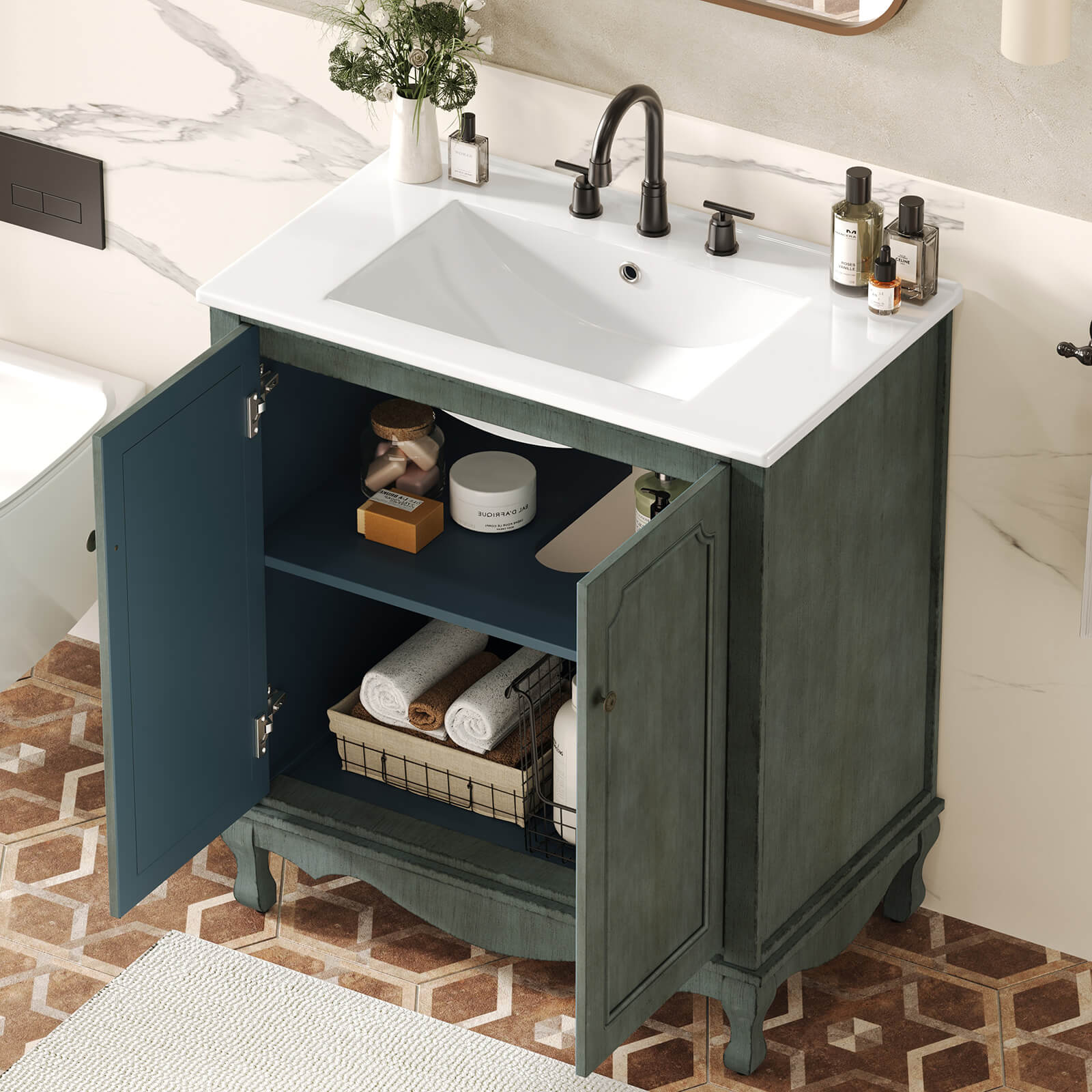 Antique Green Vanity with Customizable Shelves for Bathroom Organization
