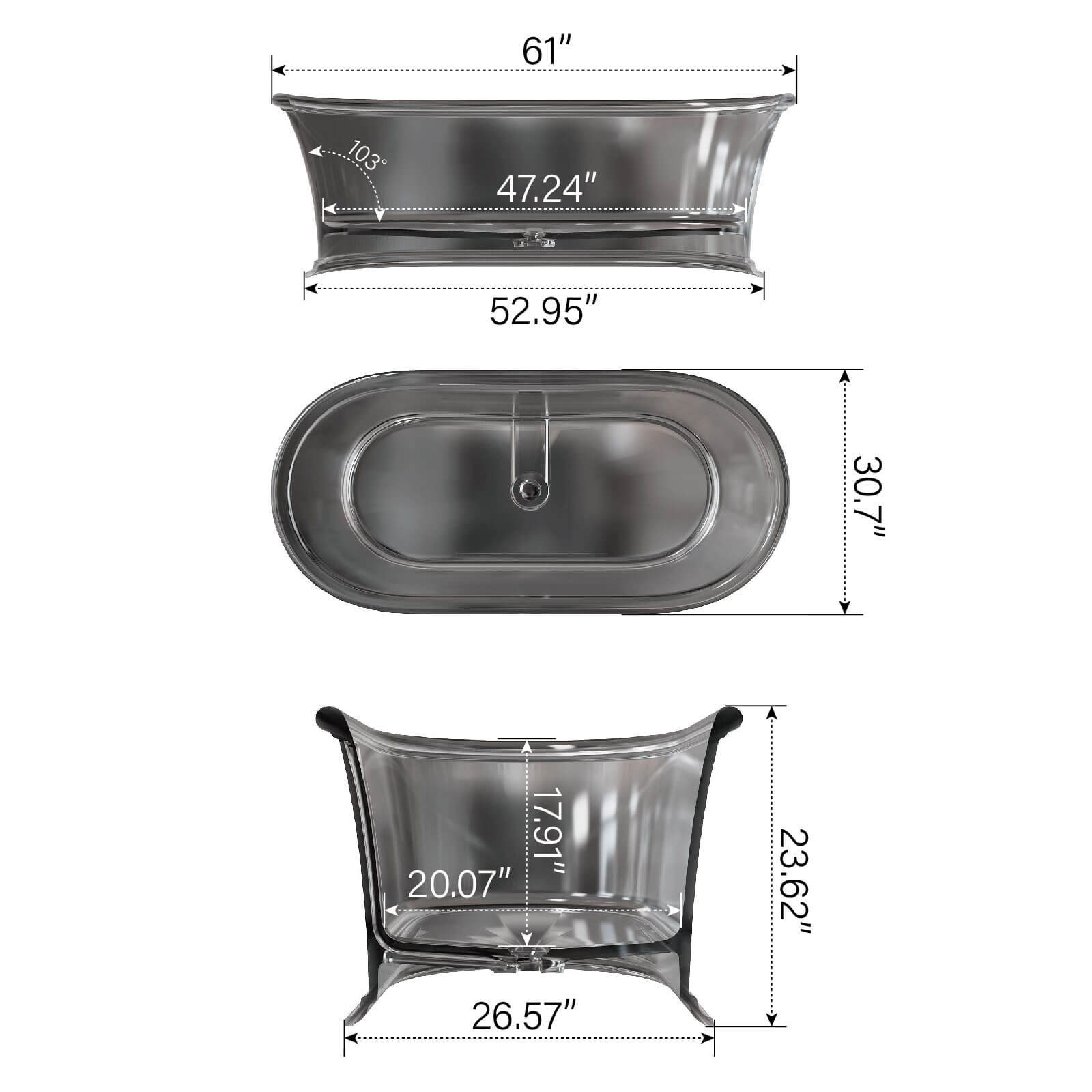 61" Transparent Resin Deep Soaking Bathtub - Customizable Colors