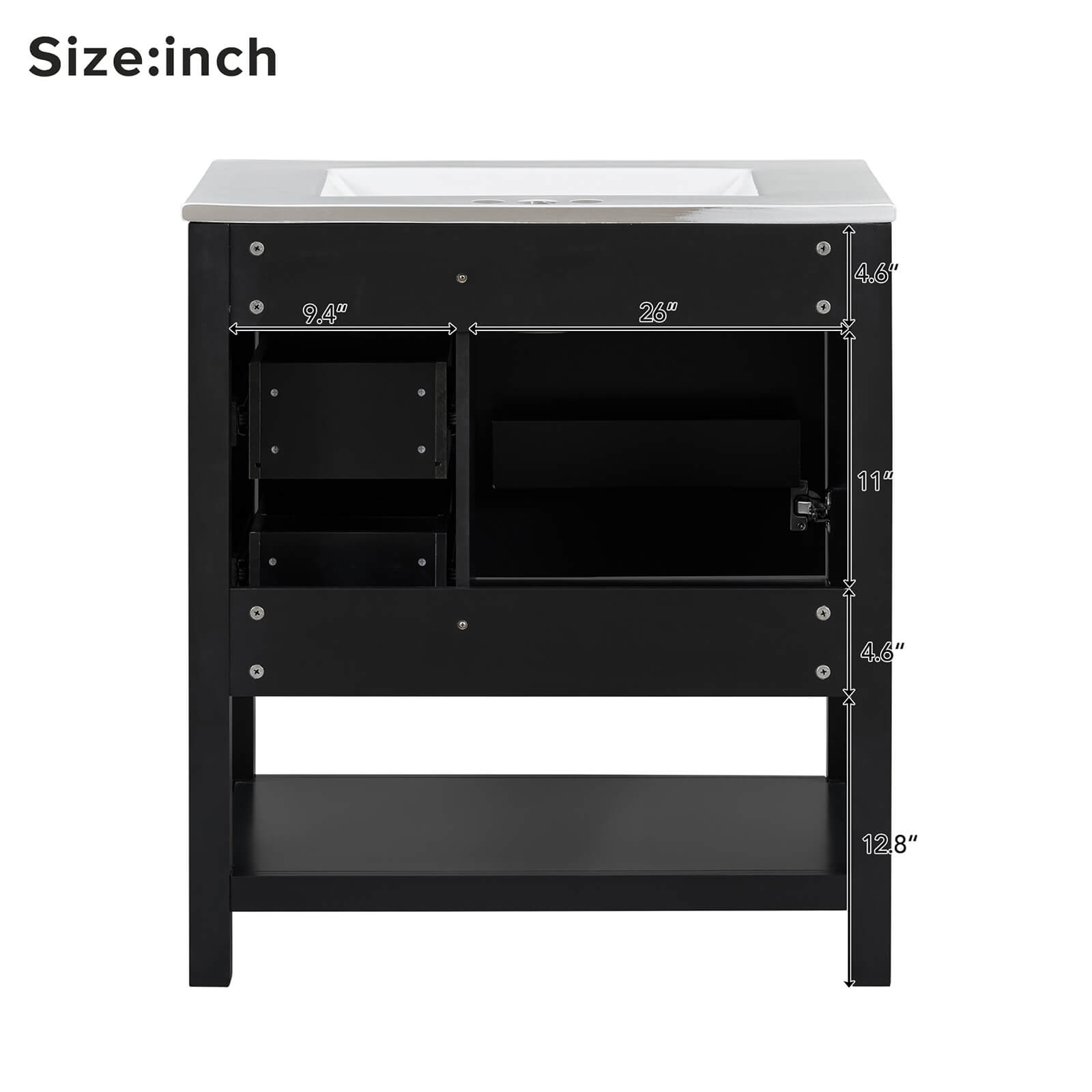 Back Dimensions Specifications for 30 inch Black Freestanding Bathroom Vanity with Open Shelves
