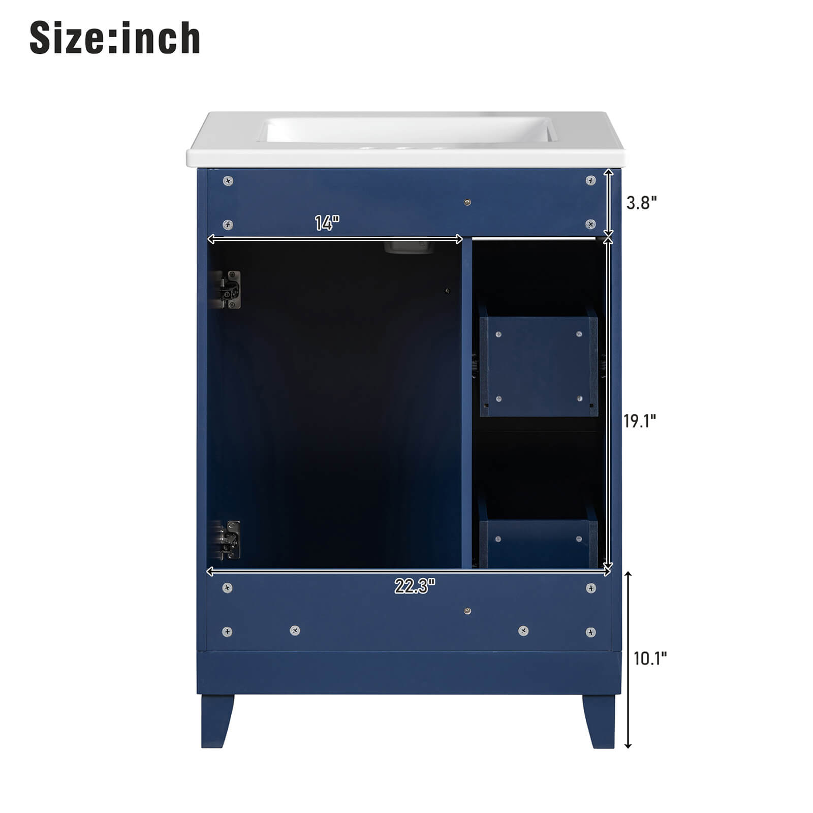 Back Dimensions of Small Navy Blue Bathroom Vanity with 2 Drawers 24 Inch