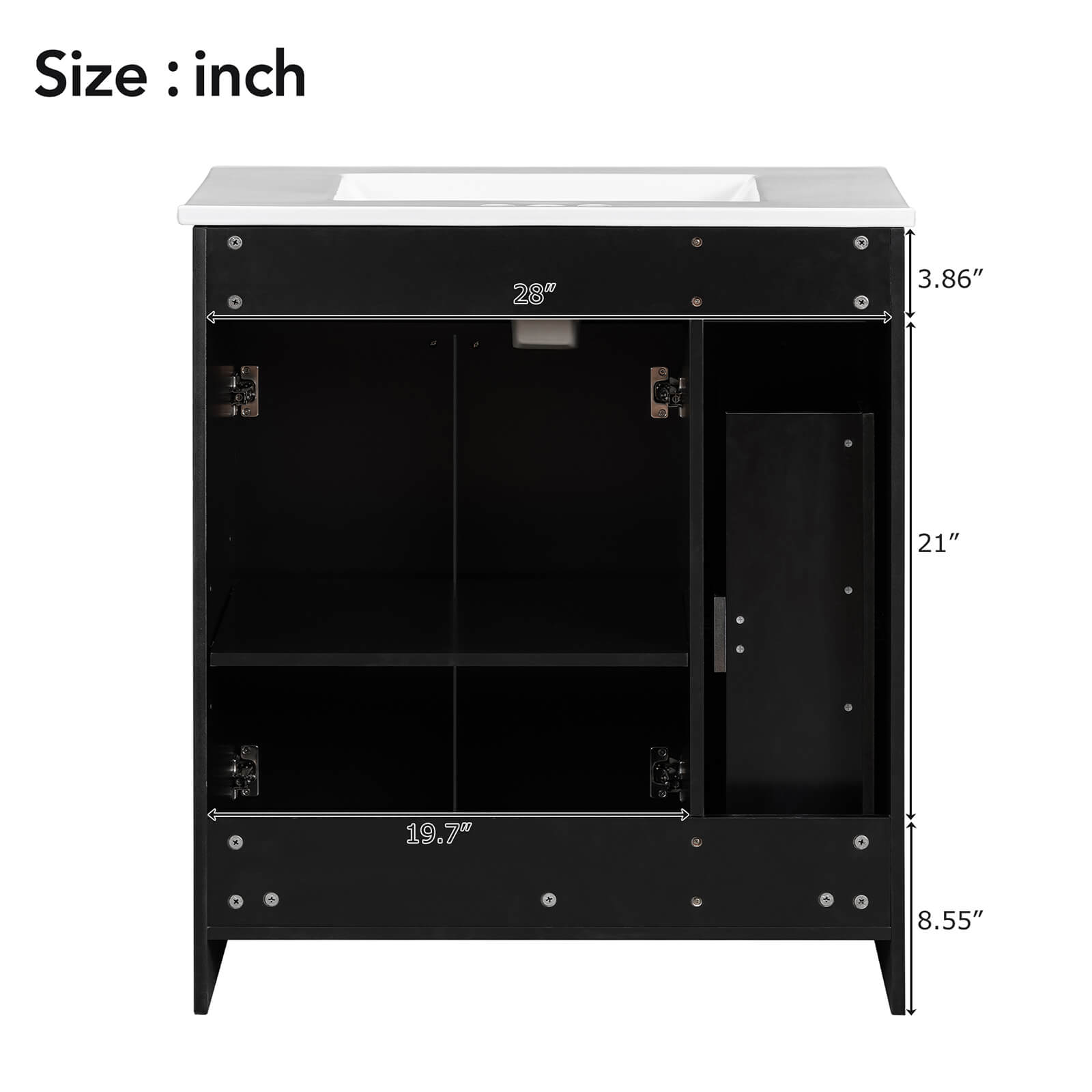 Back Dimensions of a 30 inch Black Bathroom Vanity with Soft Close Door