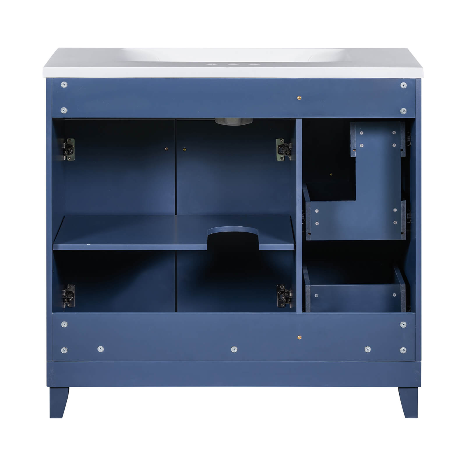 Back Display of a 36 Inch Navy Blue Bathroom Vanity with Adjustable Shelves
