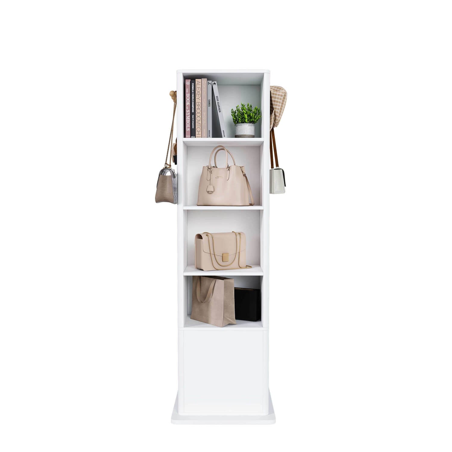 Back of white swivel mirror cabinet as bookshelf and bag display