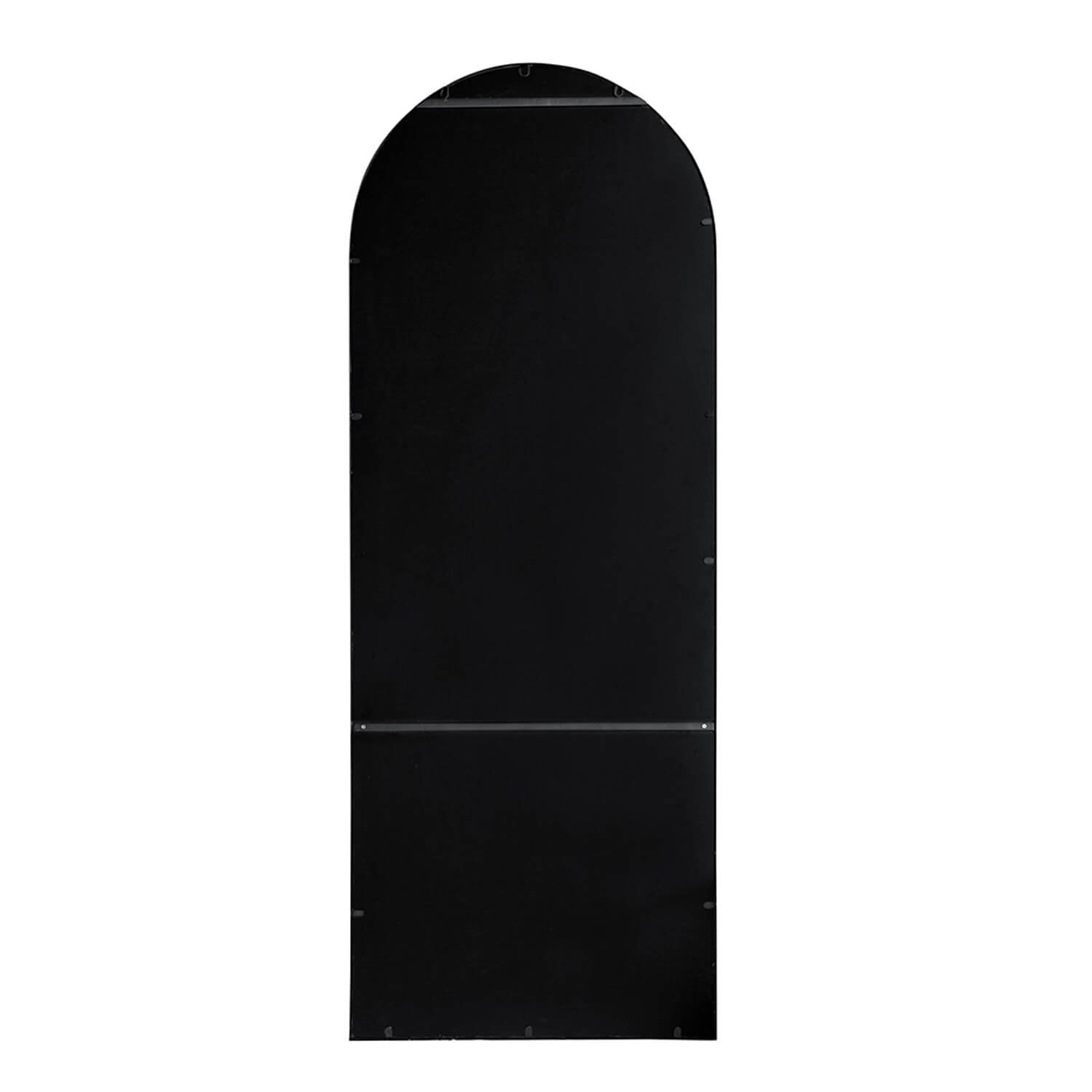 Back view black arched full length mirror with sturdy backing