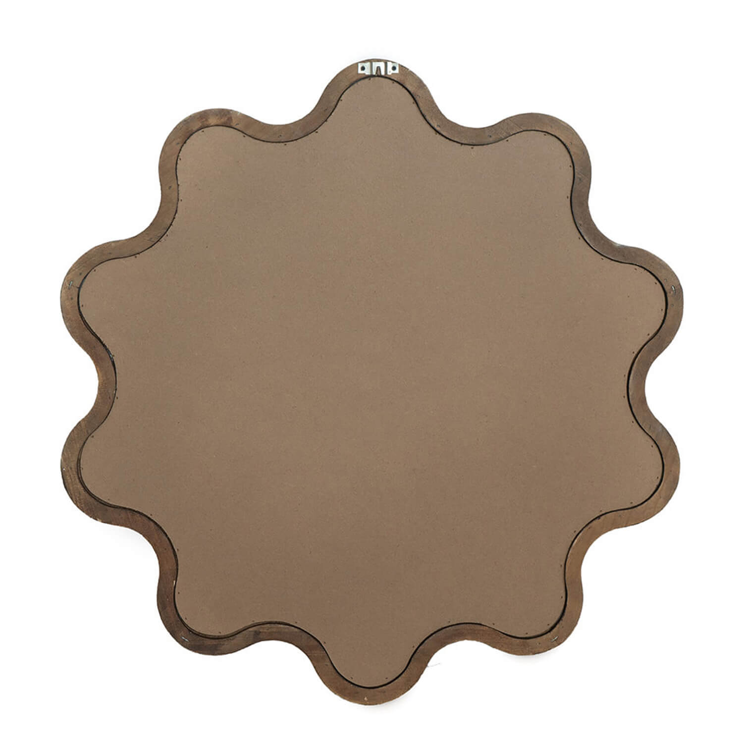 Back view of floral scalloped mirror with wall mounting hardware