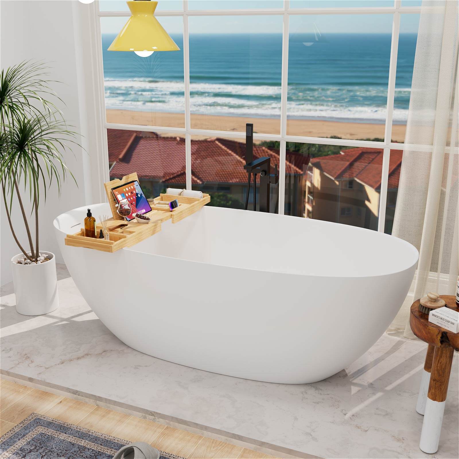 Luxury Bamboo Expandable Wood Bathtub Caddy Tray with Smartphone Tablet Book Holders, Soap Tray, Wine Glass Slot