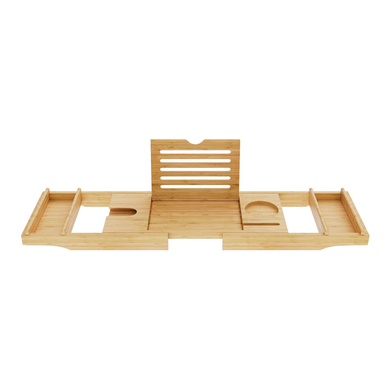 Luxury Bamboo Expandable Wood Bathtub Caddy Tray with Smartphone Tablet Book Holders, Soap Tray, Wine Glass Slot
