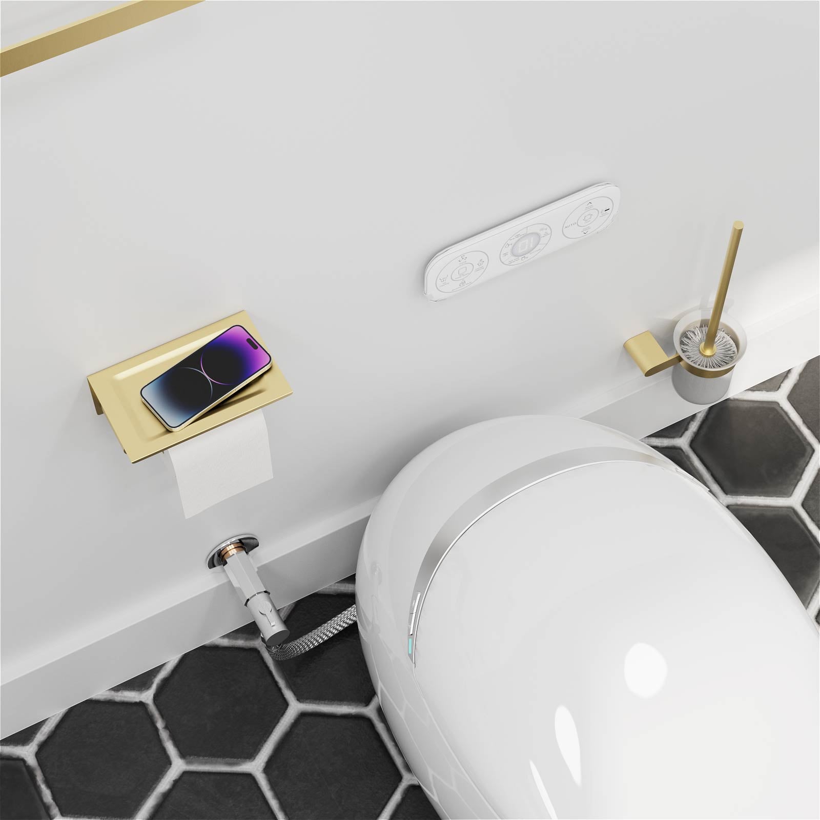 Bathroom organizer set with phone shelf and stylish golden brush