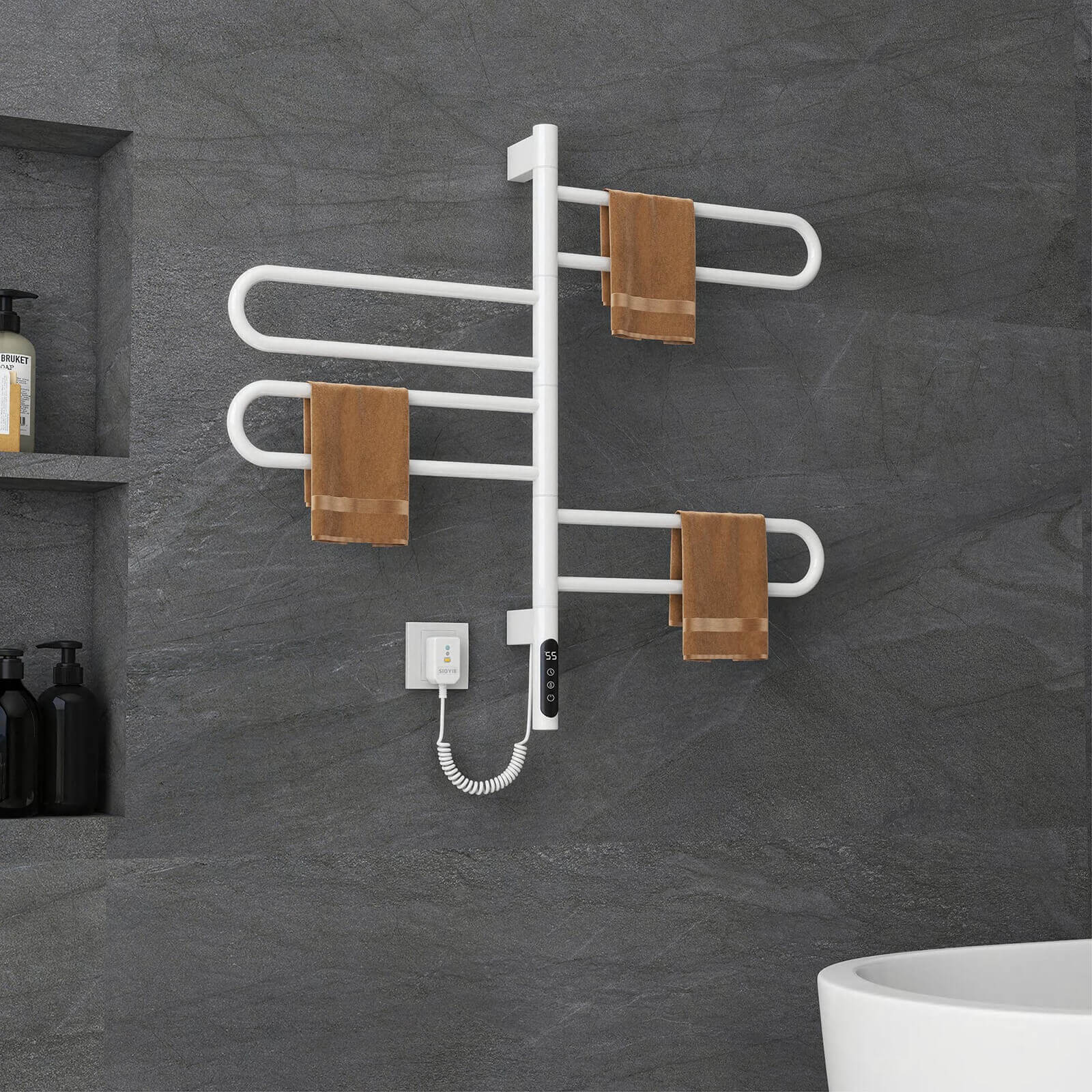 Bathroom towel warmer with four heated bars in white