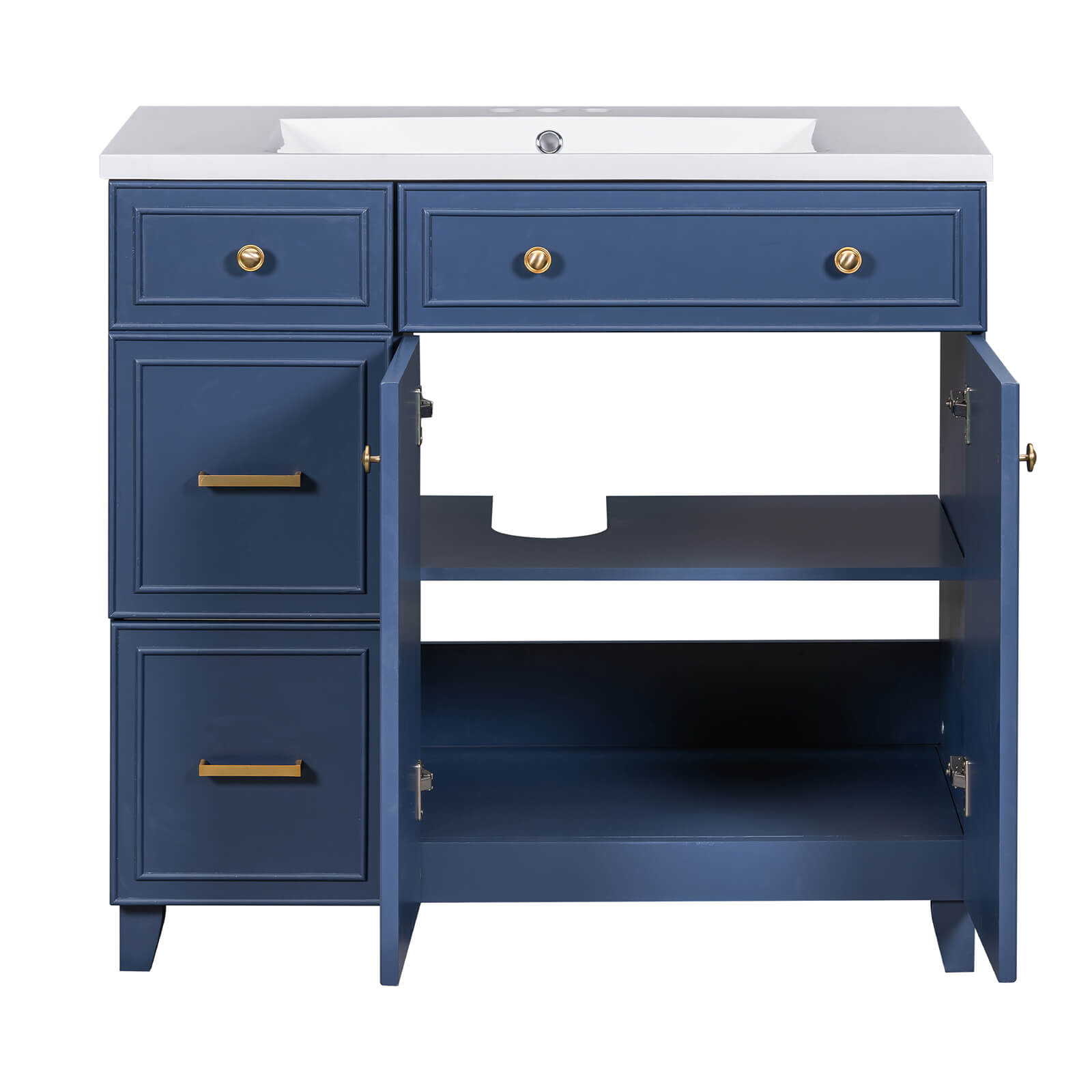 Bathroom vanity with gold handles and navy blue finish