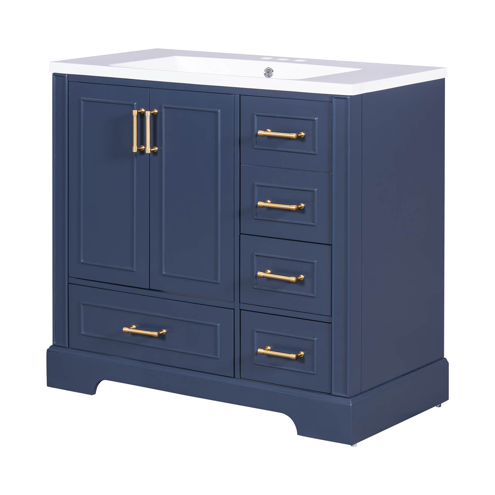 Bathroom vanity with gold hardware and soft-close design