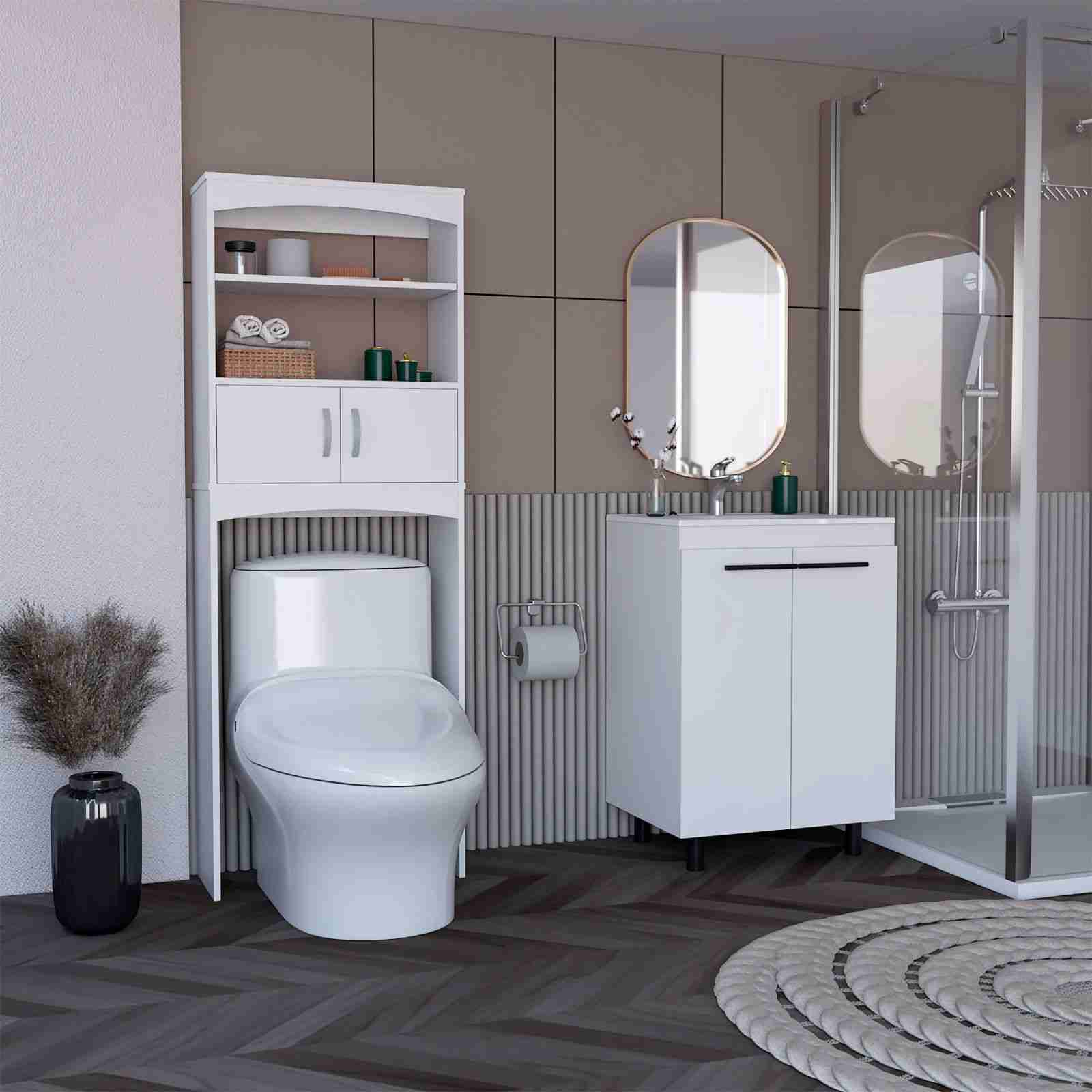 Bathroom two-piece suite, Introducing the Valetta Over-The-Toilet Cabinet & Dustin Free-Standing Sink Cabinet in Elegant White