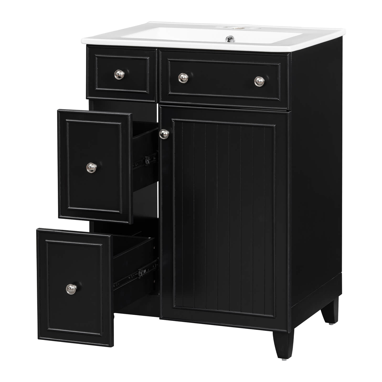 Beautifully designed black bathroom vanity with two spacious drawers to keep organized