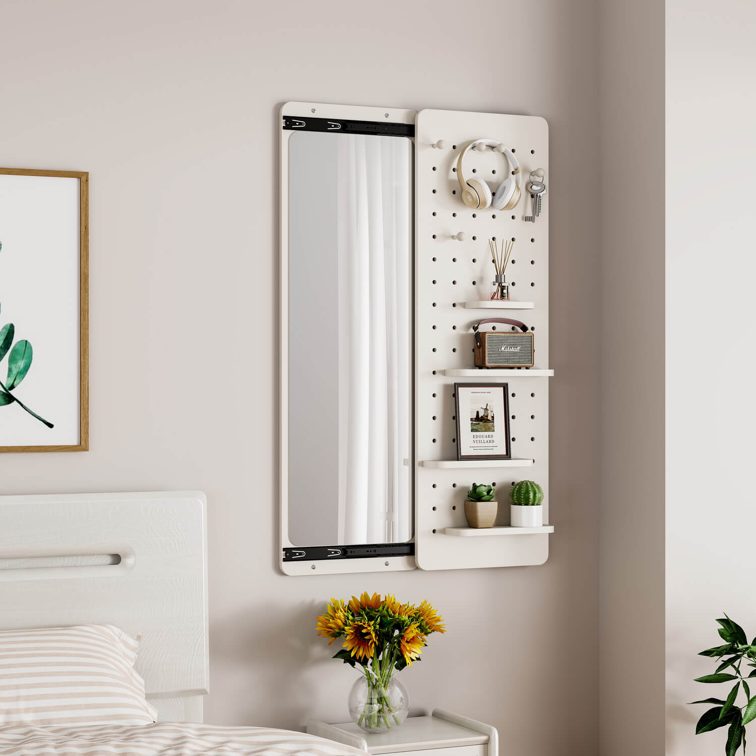 Bedroom mounted mirror with pegboard for small item display