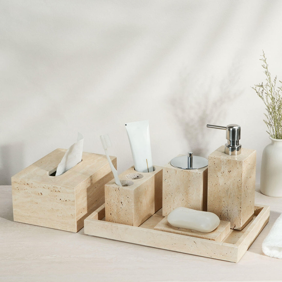 Beige Stone Bathroom Accessories with Tissue Box and Storage Tray