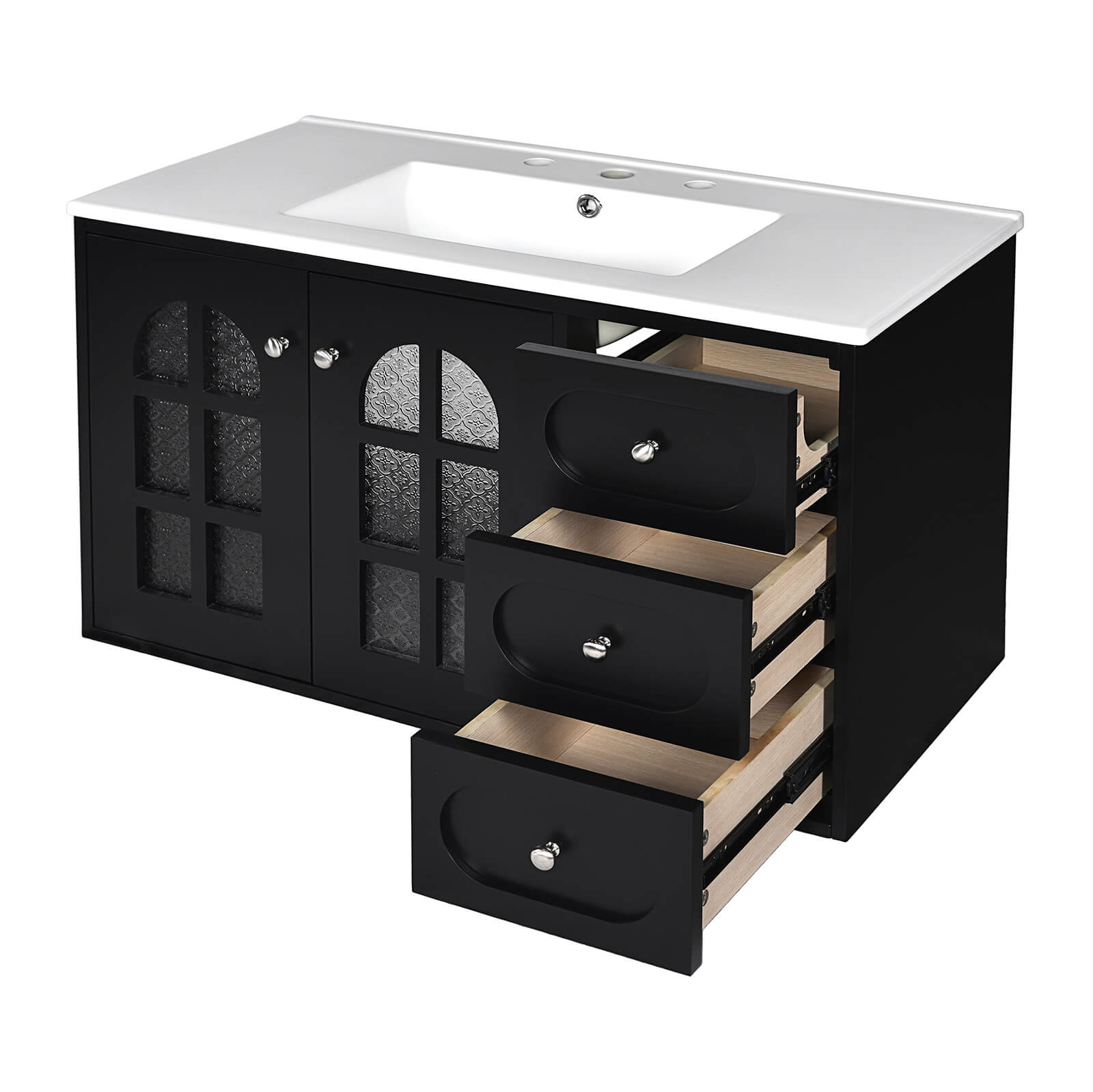 Black Wall Mounted Vanity with 3 Drawers and 1 Large Storage Cabinet
