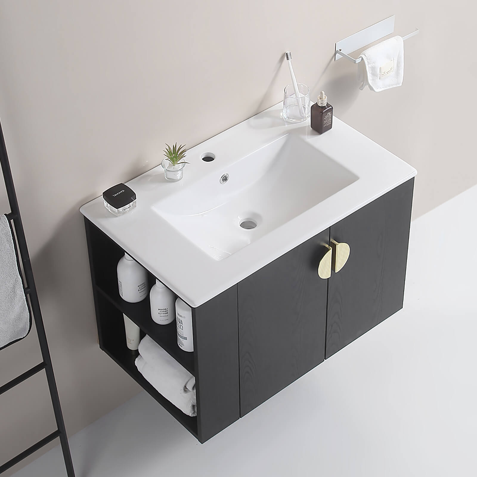 Black bathroom vanity with ceramic sink and shelf