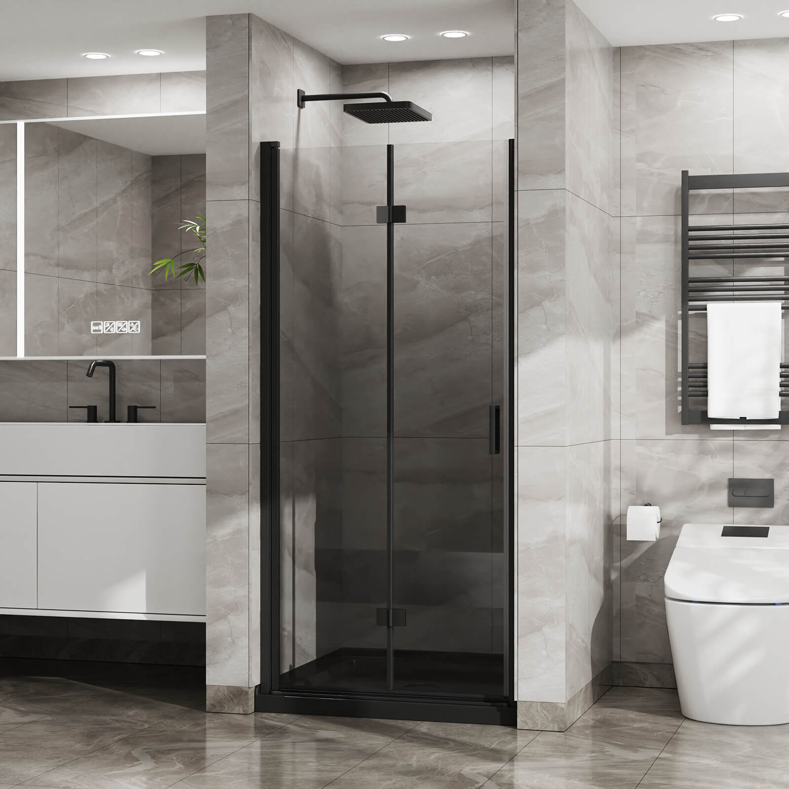 Black bi fold glass shower door with modern aluminum frame for bathroom upgrade