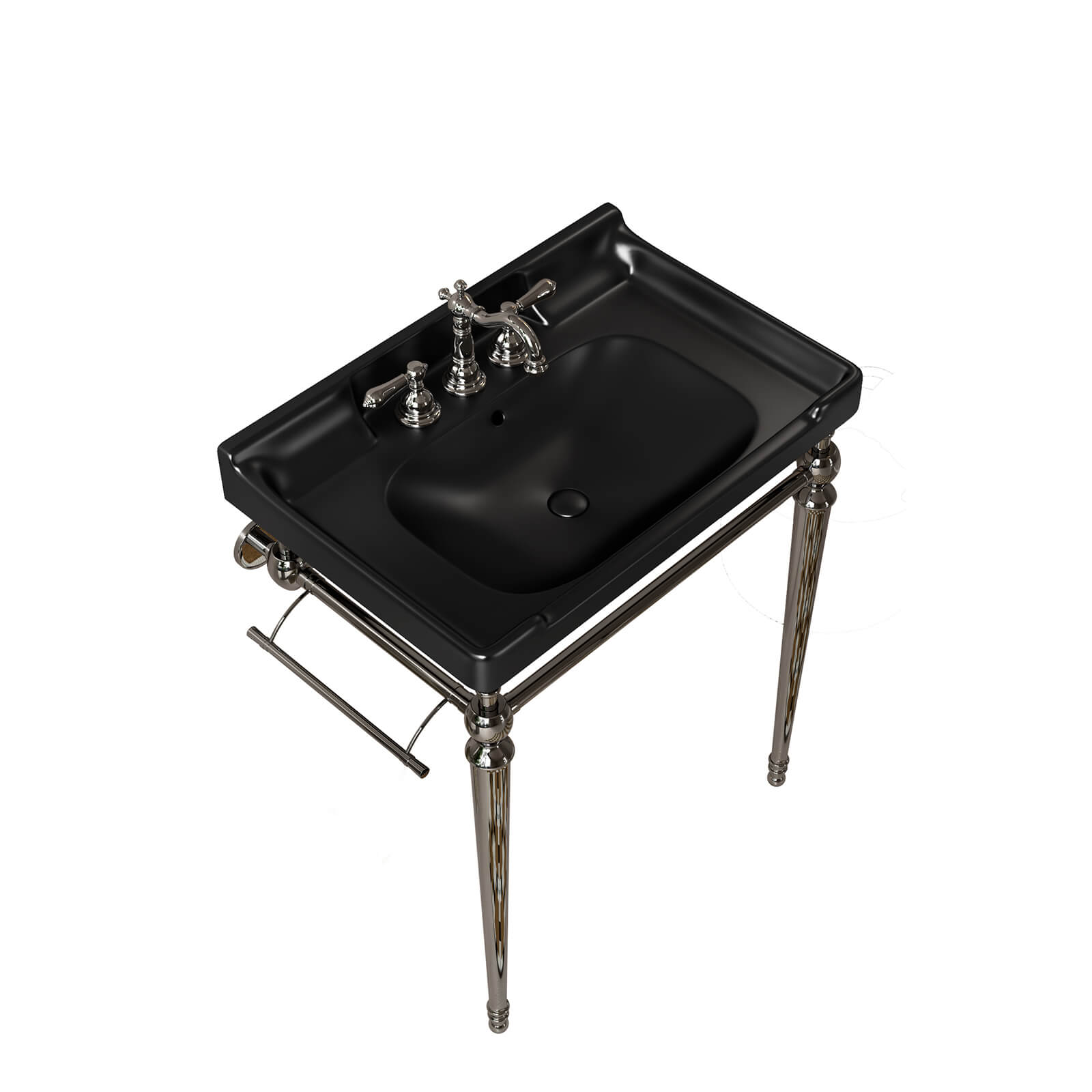 Black ceramic bathroom console with silver chrome frame