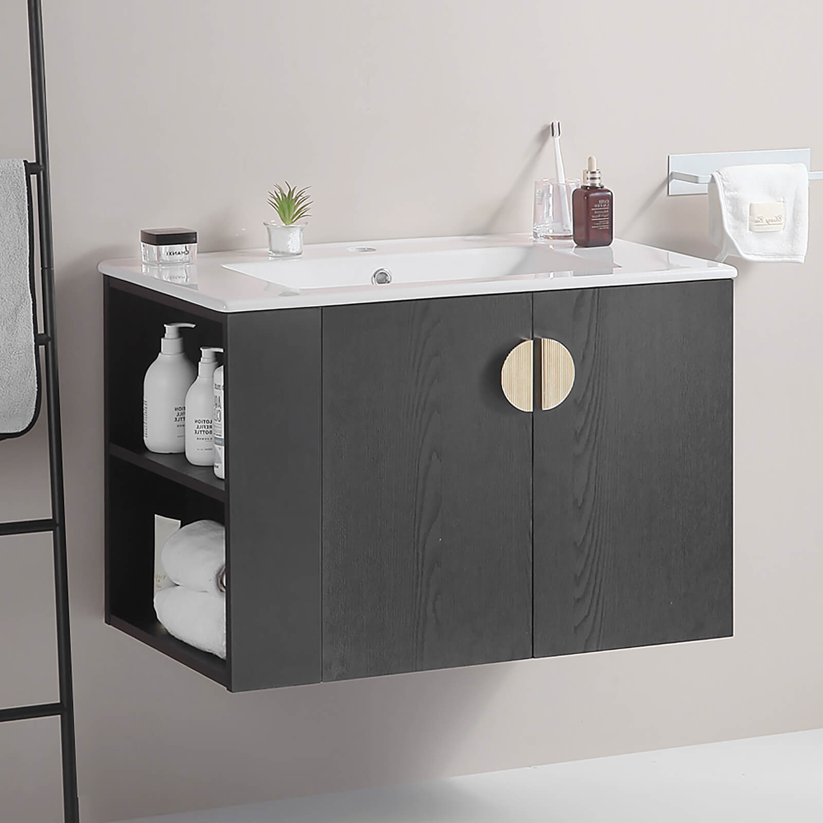 Black floating vanity with visible side shelf storage