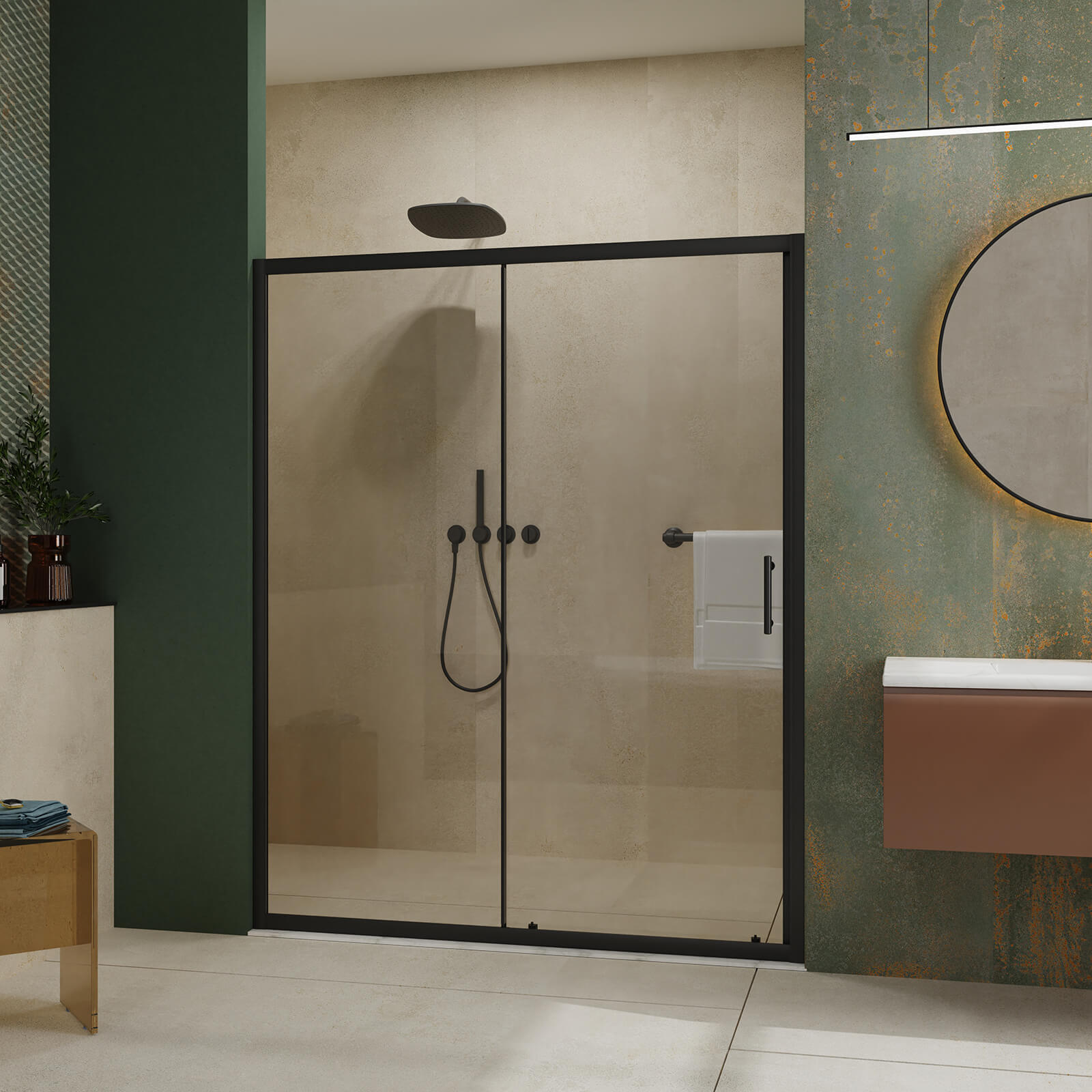 Black framed sliding shower door with stainless steel handle