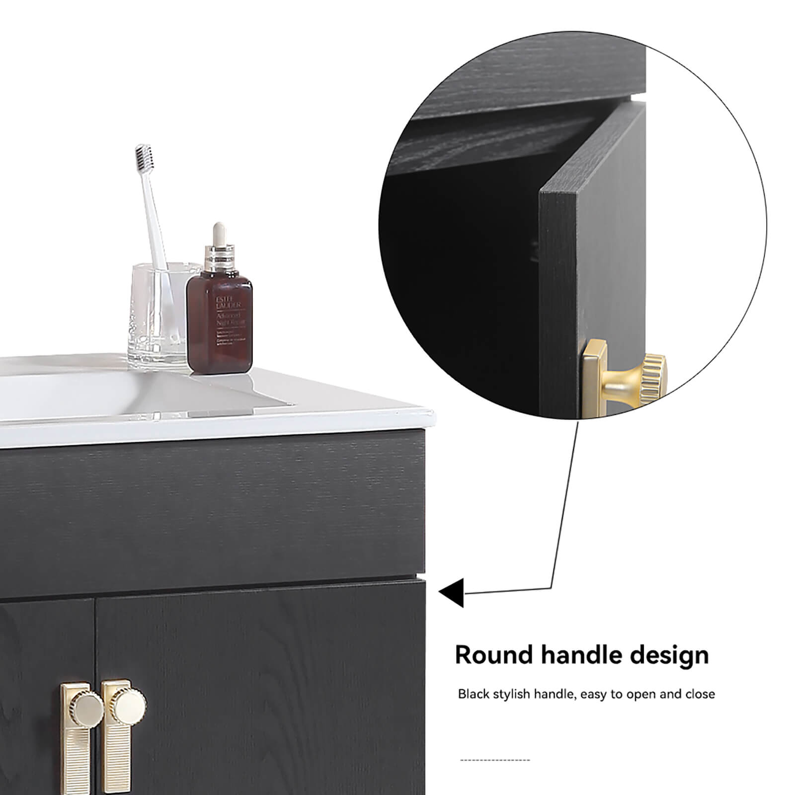 Black vanity with soft close doors and durable hardware