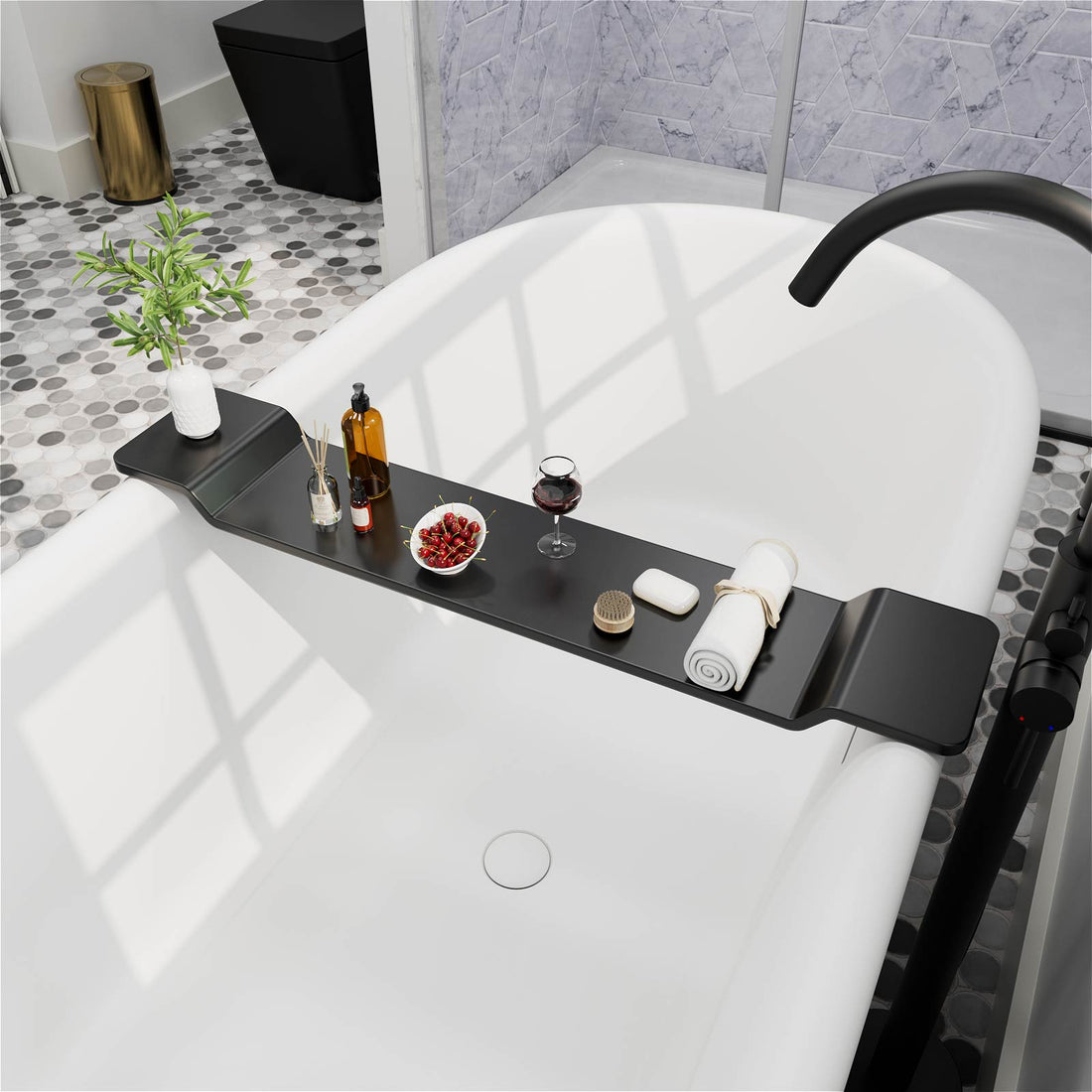Black Stone Resin Bathtub Caddy Tray for Freestanding Tub