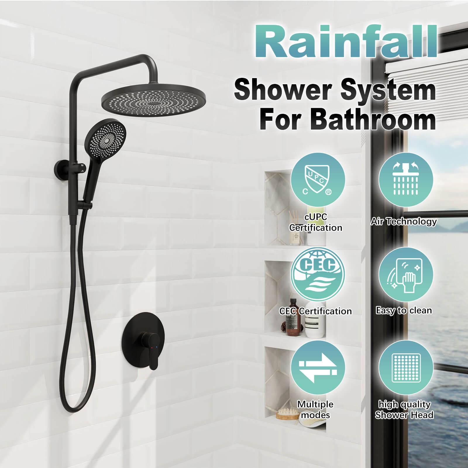 10“ Round Wall Mounted Shower System with 2-in-1 Rough-in Valve Included 3-Spray Handheld
