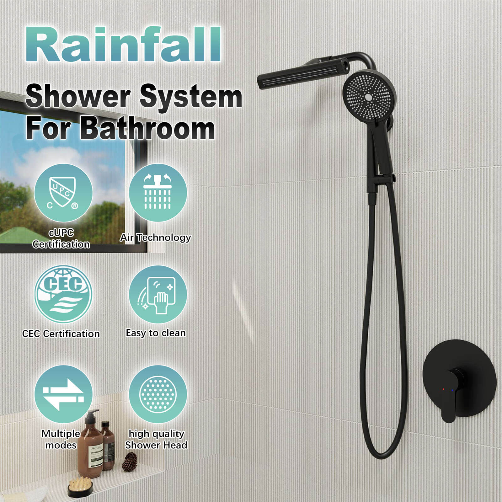 8" Wall Bar Shower Kit with 360° Rotate 3-Spray Cylindrical Shower Head And 6-Spray Handheld