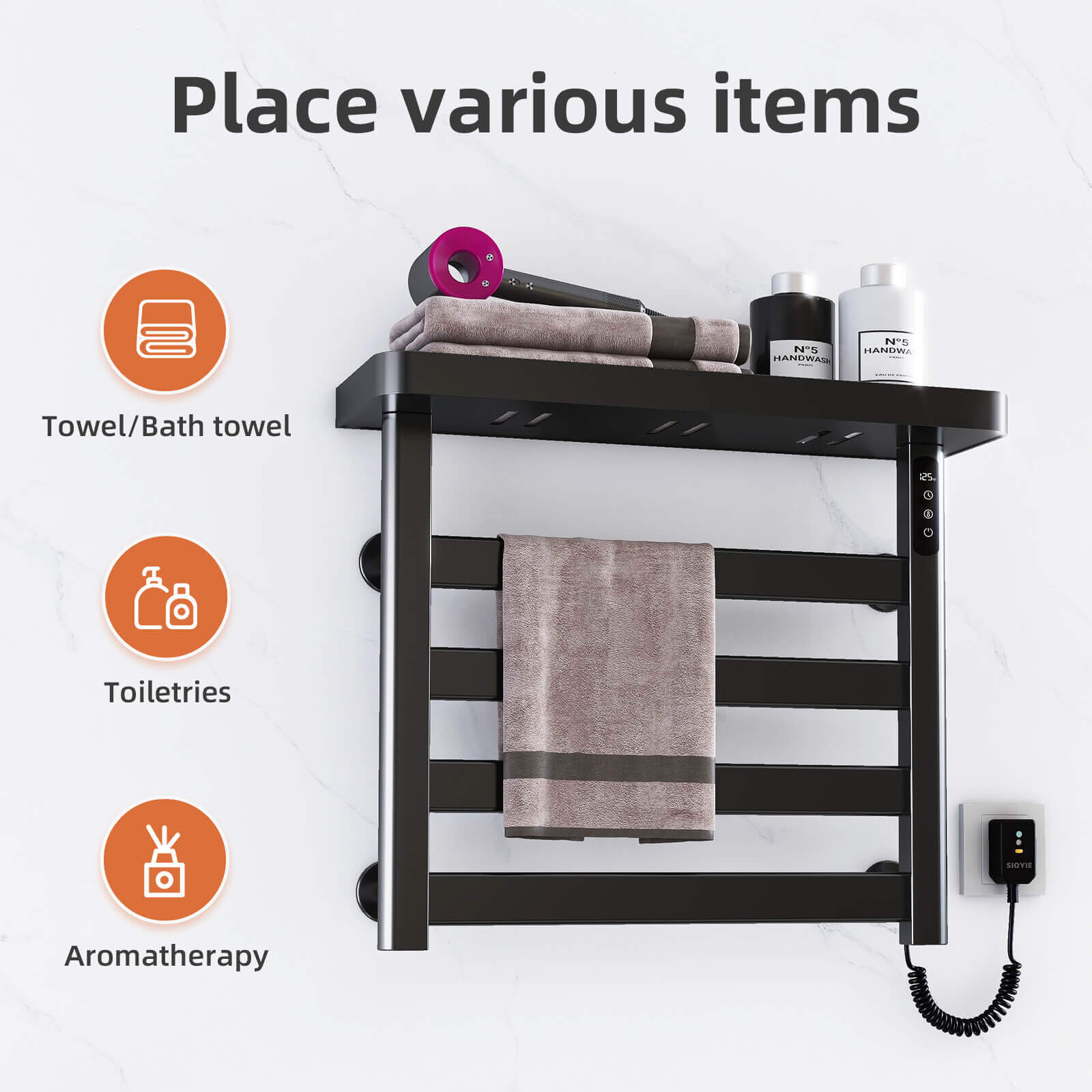 Black Plug-In Heated Towel Rack Storage Hanging Display