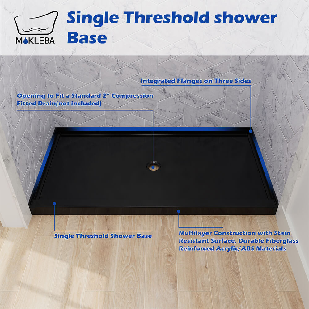 Black acrylic shower pan with mortar-free setup for simplified shower installation