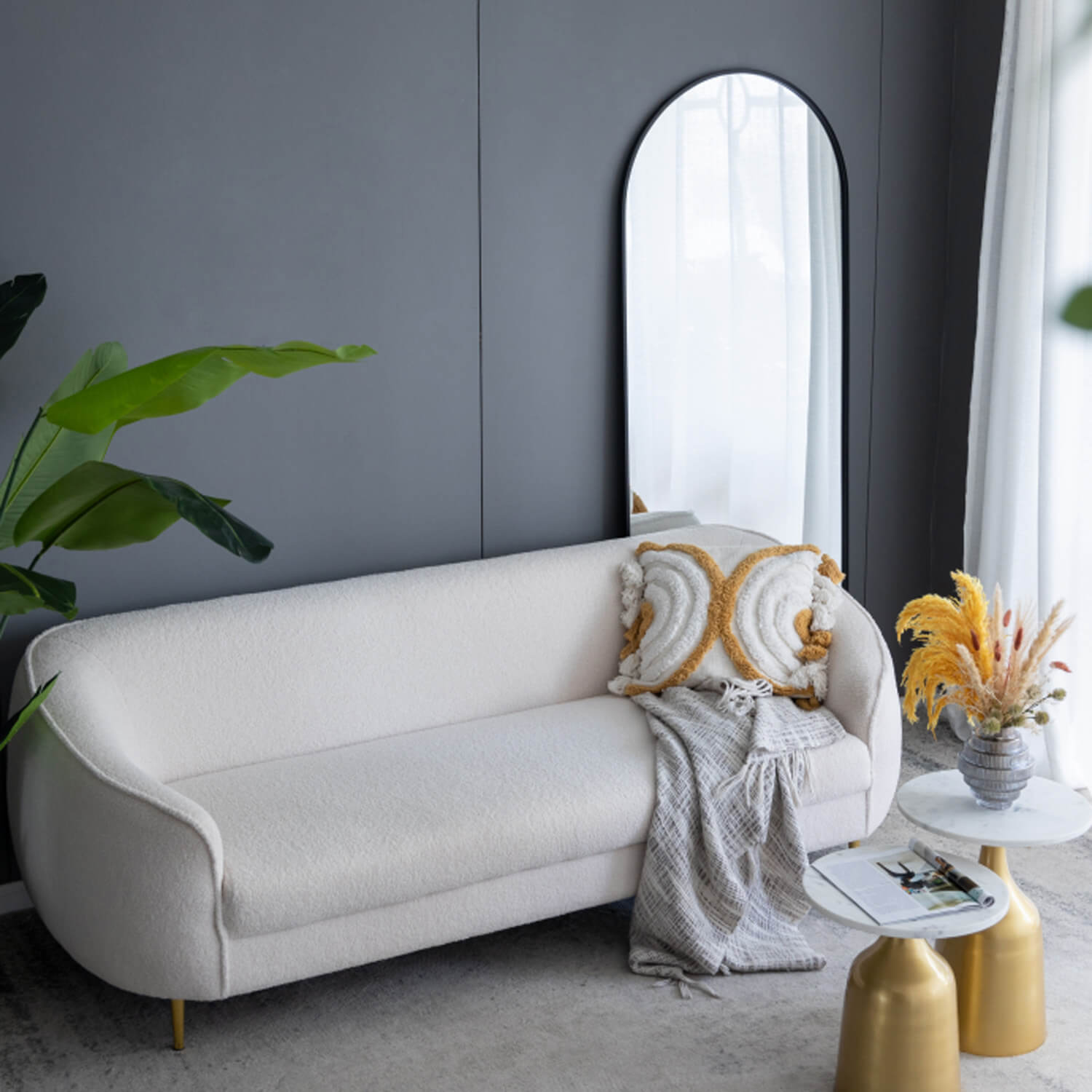 Black arched full length mirror for living room corner decor