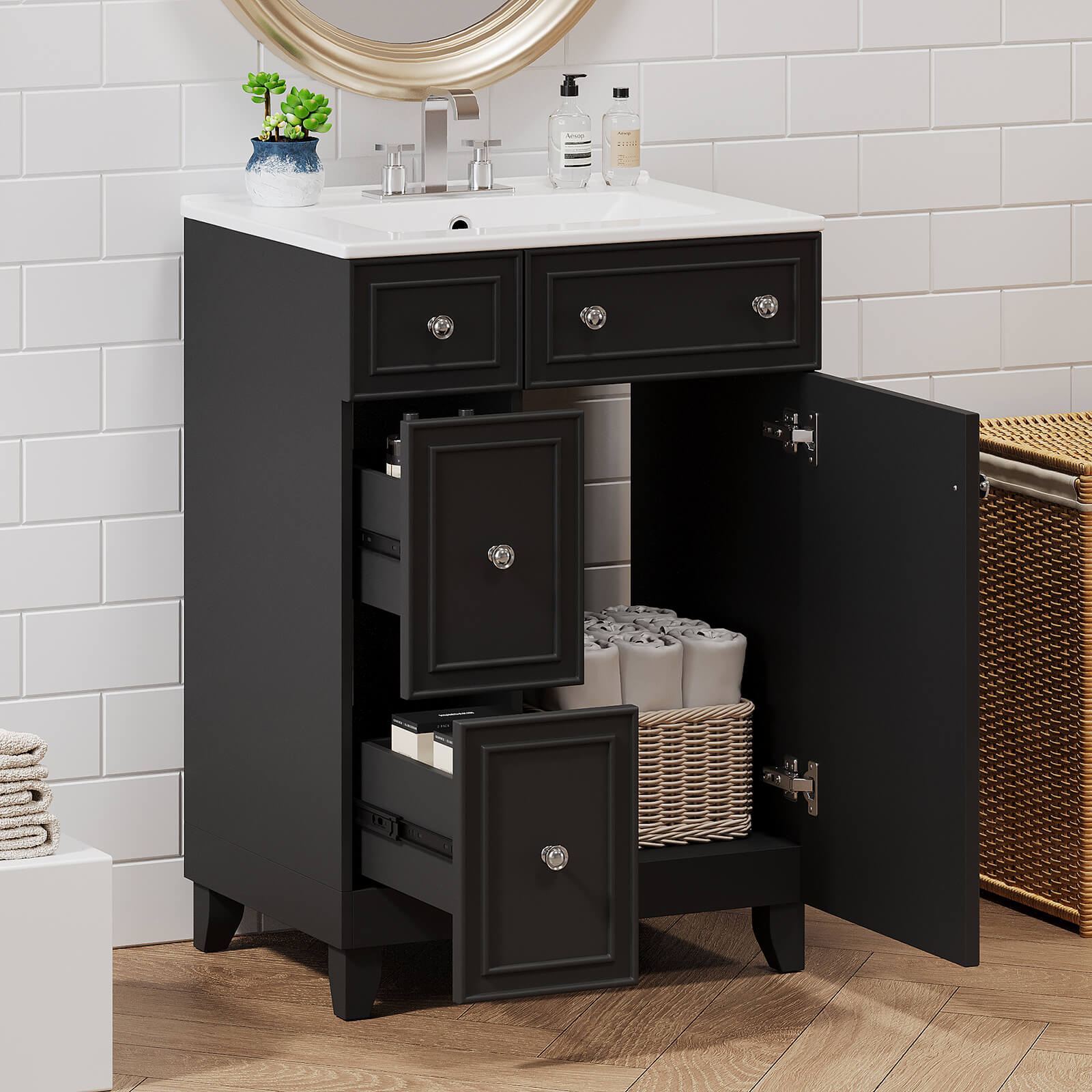 Black bathroom vanity with sleek zinc alloy handles enhancing modern aesthetics