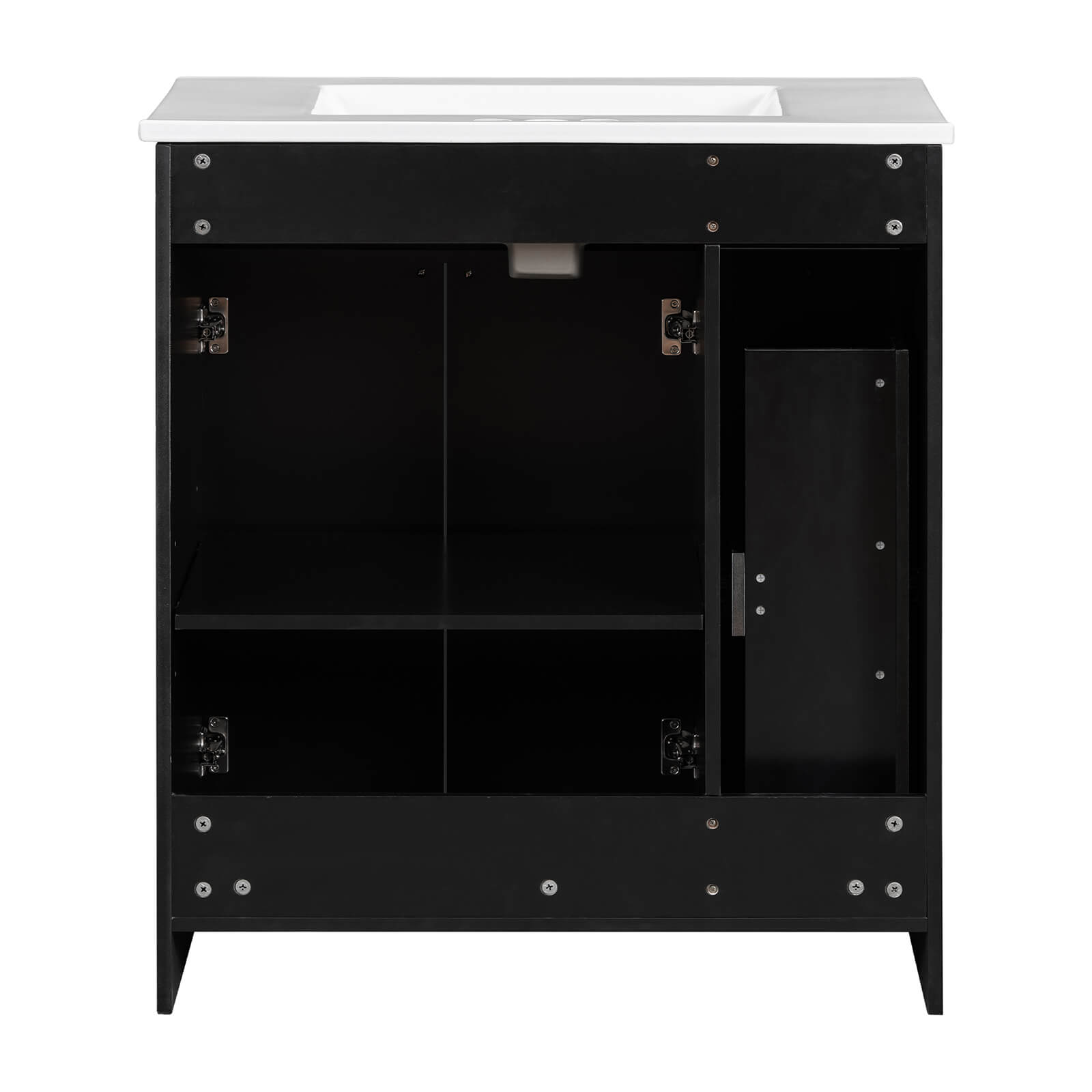 Black bathroom vanity with soft-close mechanism for quiet use