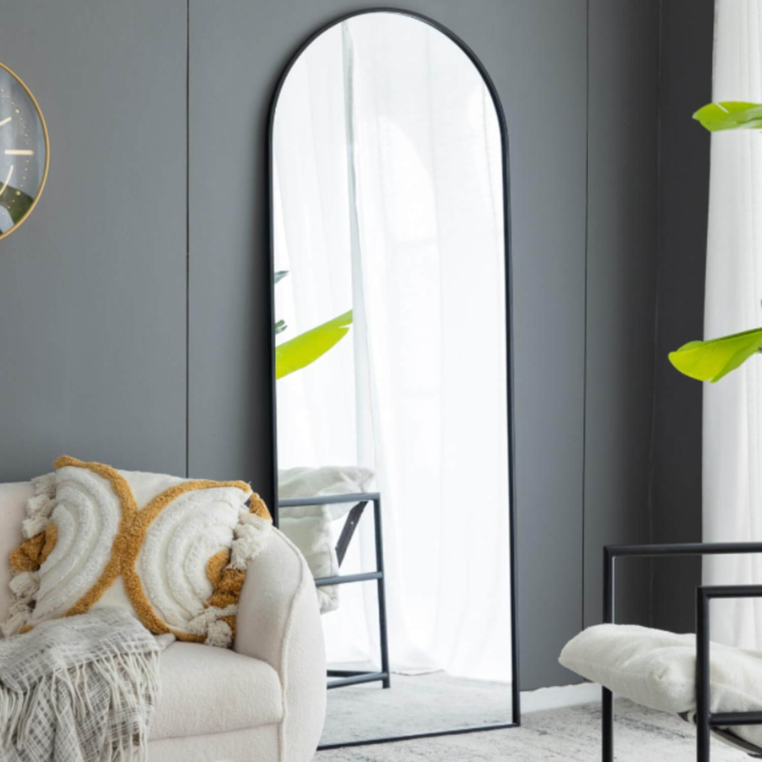 Black framed arched full length mirror for modern living room